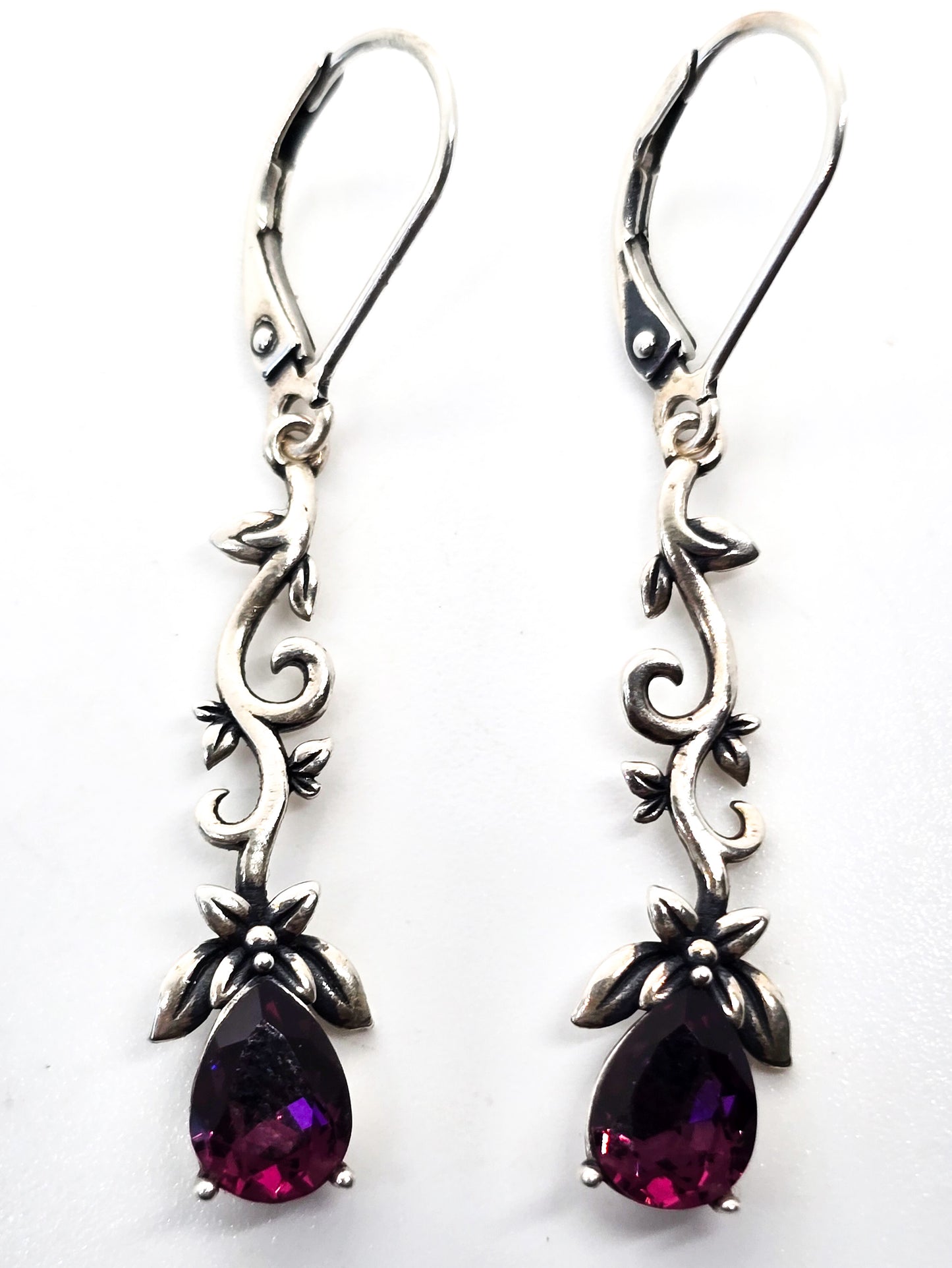 Twisted Ivy purple pear cut rhinestone sterling silver lever back earrings