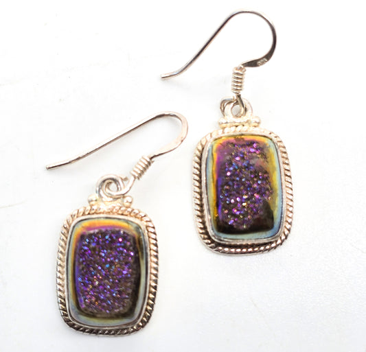 Purple Titanium Aura Druzy quartz gemstone sterling silver drop earrings