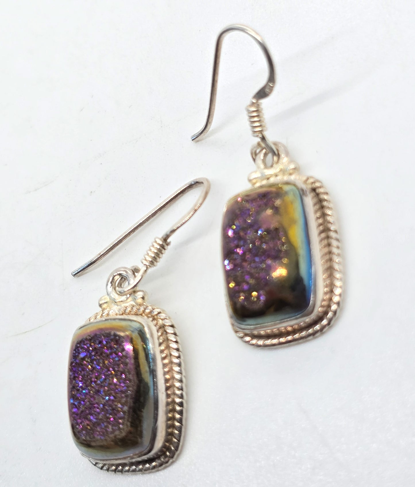 Purple Titanium Aura Druzy quartz gemstone sterling silver drop earrings
