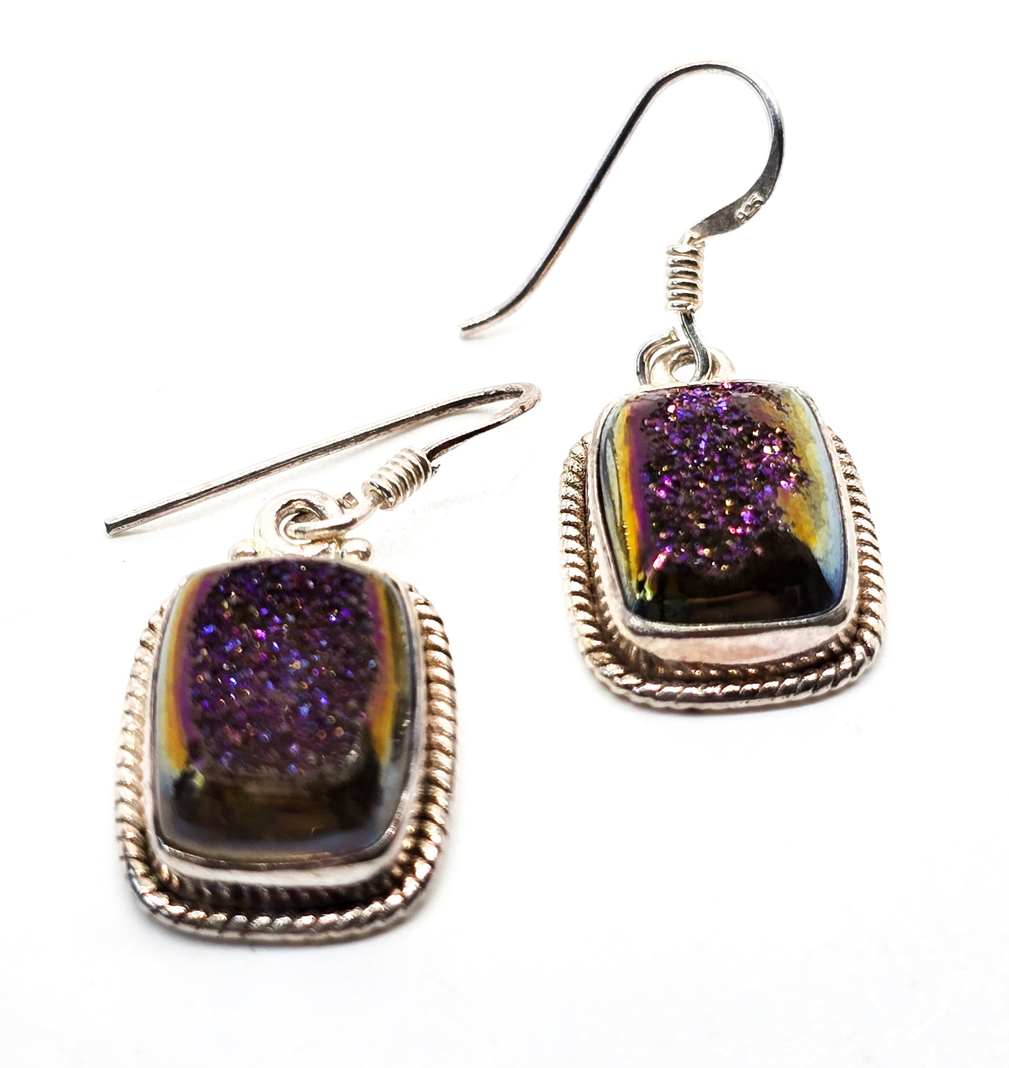 Purple Titanium Aura Druzy quartz gemstone sterling silver drop earrings