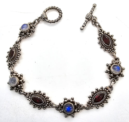 Garnet and moonstone sterling silver bezel set vintage bracelet with toggle clasp