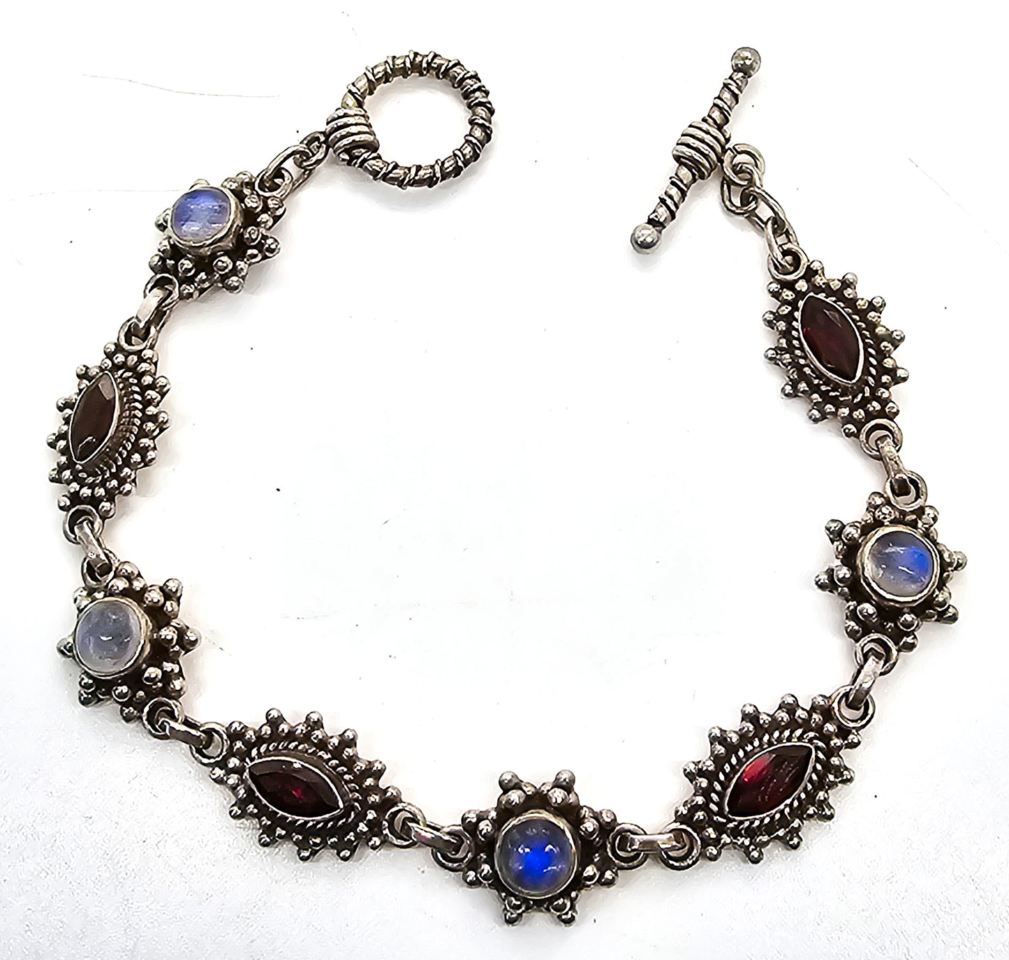 Garnet and moonstone sterling silver bezel set vintage bracelet with toggle clasp