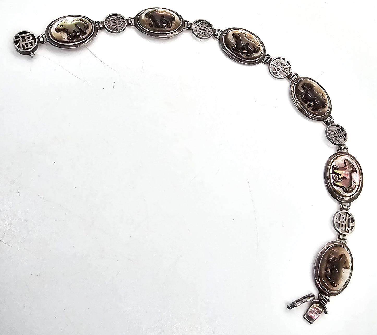 Carved Mother of pearl sterling silver Asian Hong Kong sterling silver vintage bracelet