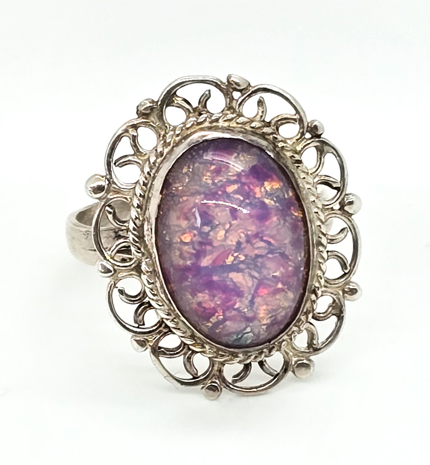 Dichroic glass faux jelly opal Mexican filigree vintage sterling silver ring size 5