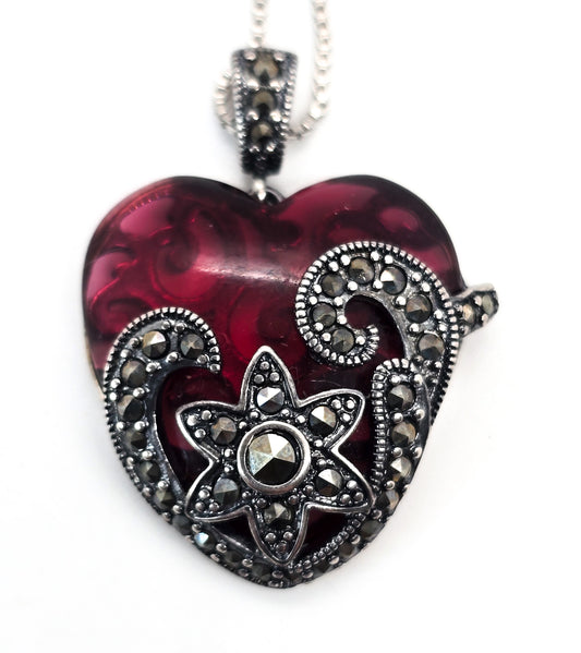 PAJ Art Deco Style Red glass heart marcasite sterling silver vintage necklace