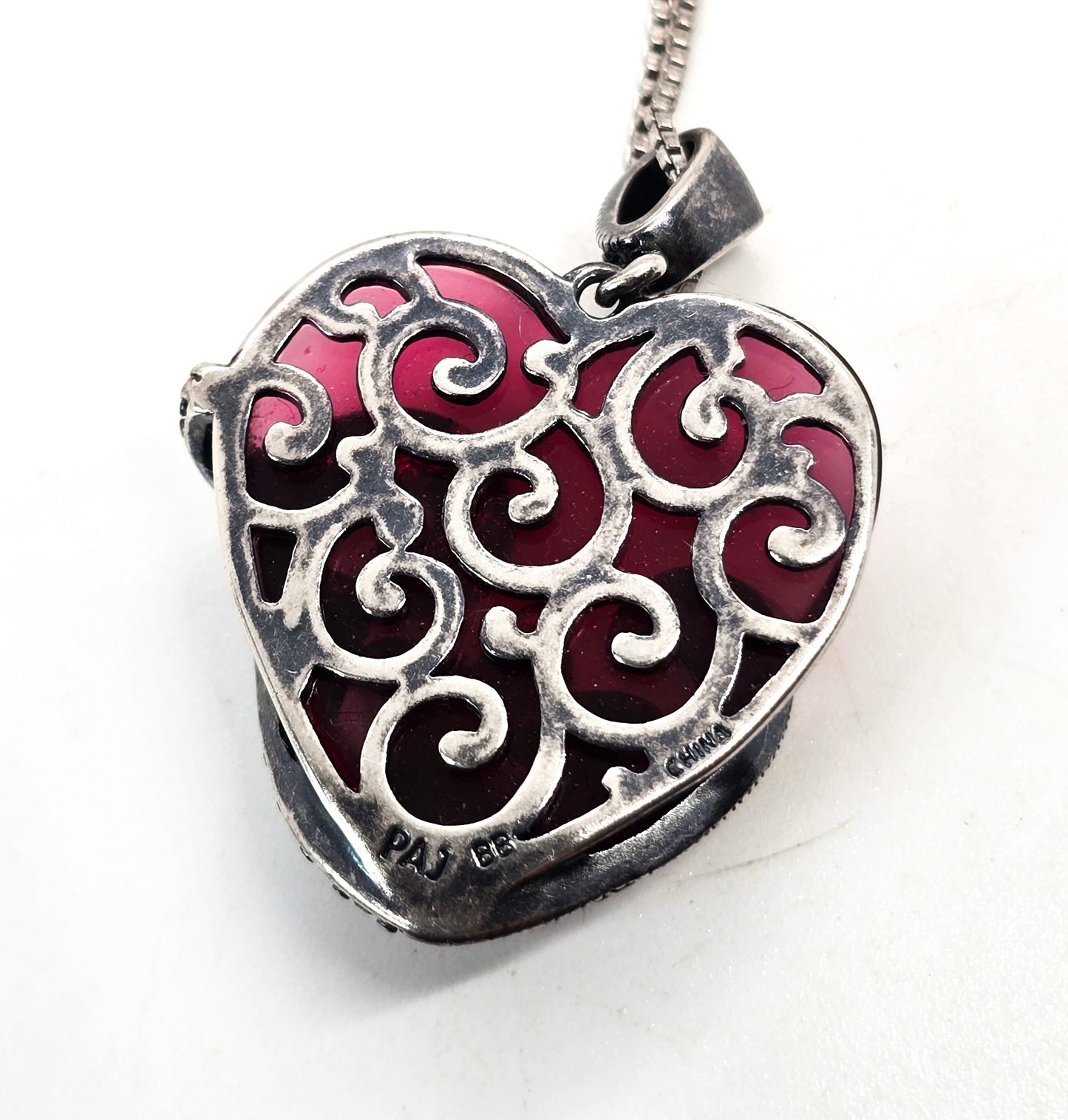 PAJ Art Deco Style Red glass heart marcasite sterling silver vintage necklace