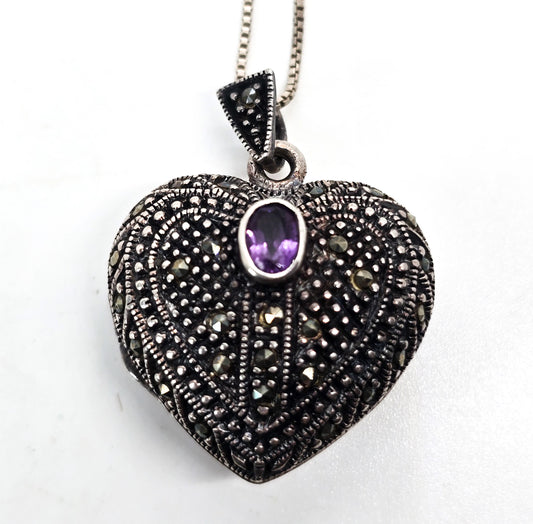 FAS locket amethyst marcasite studded puffy heart sterling silver vintage necklace