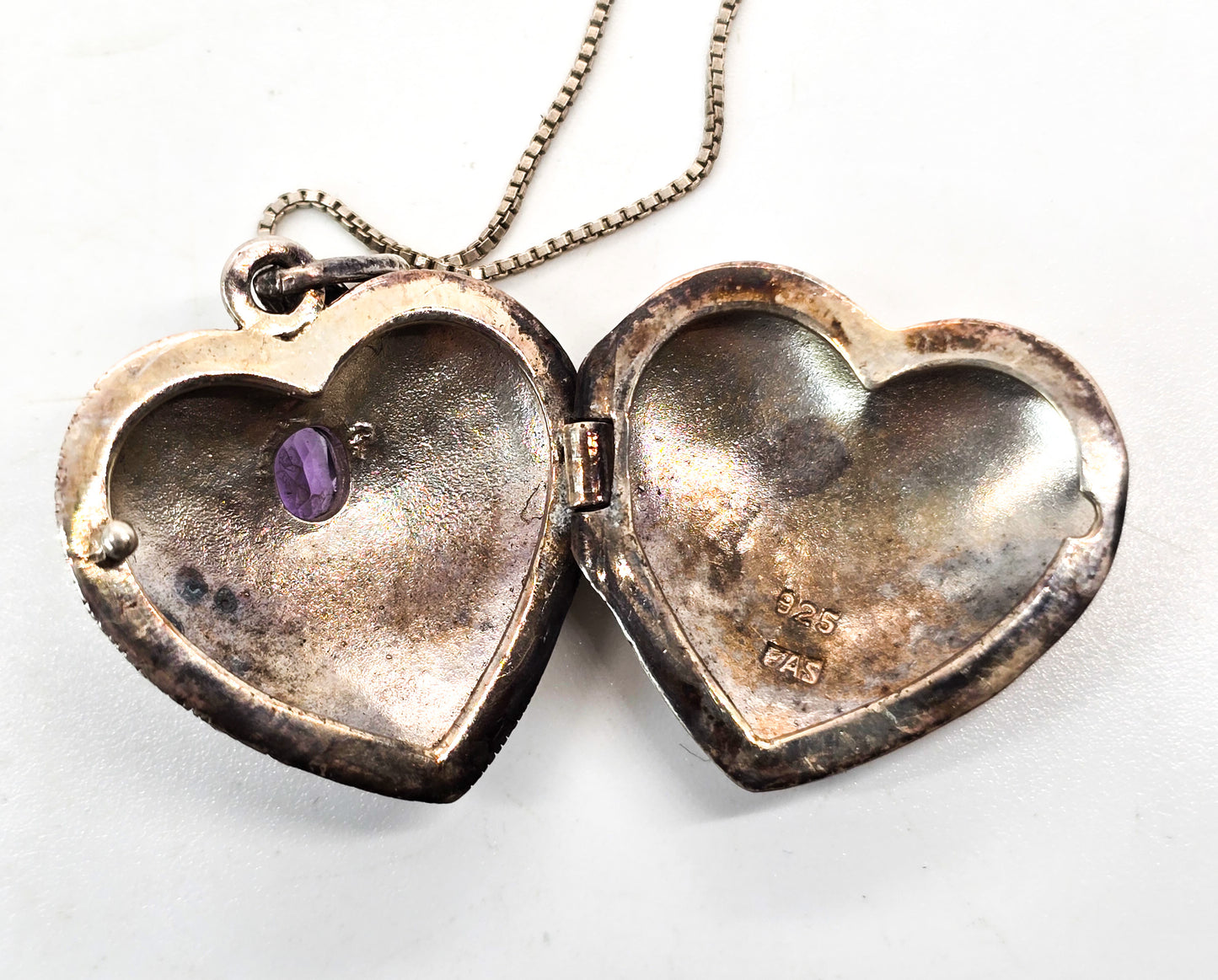 FAS locket amethyst marcasite studded puffy heart sterling silver vintage necklace