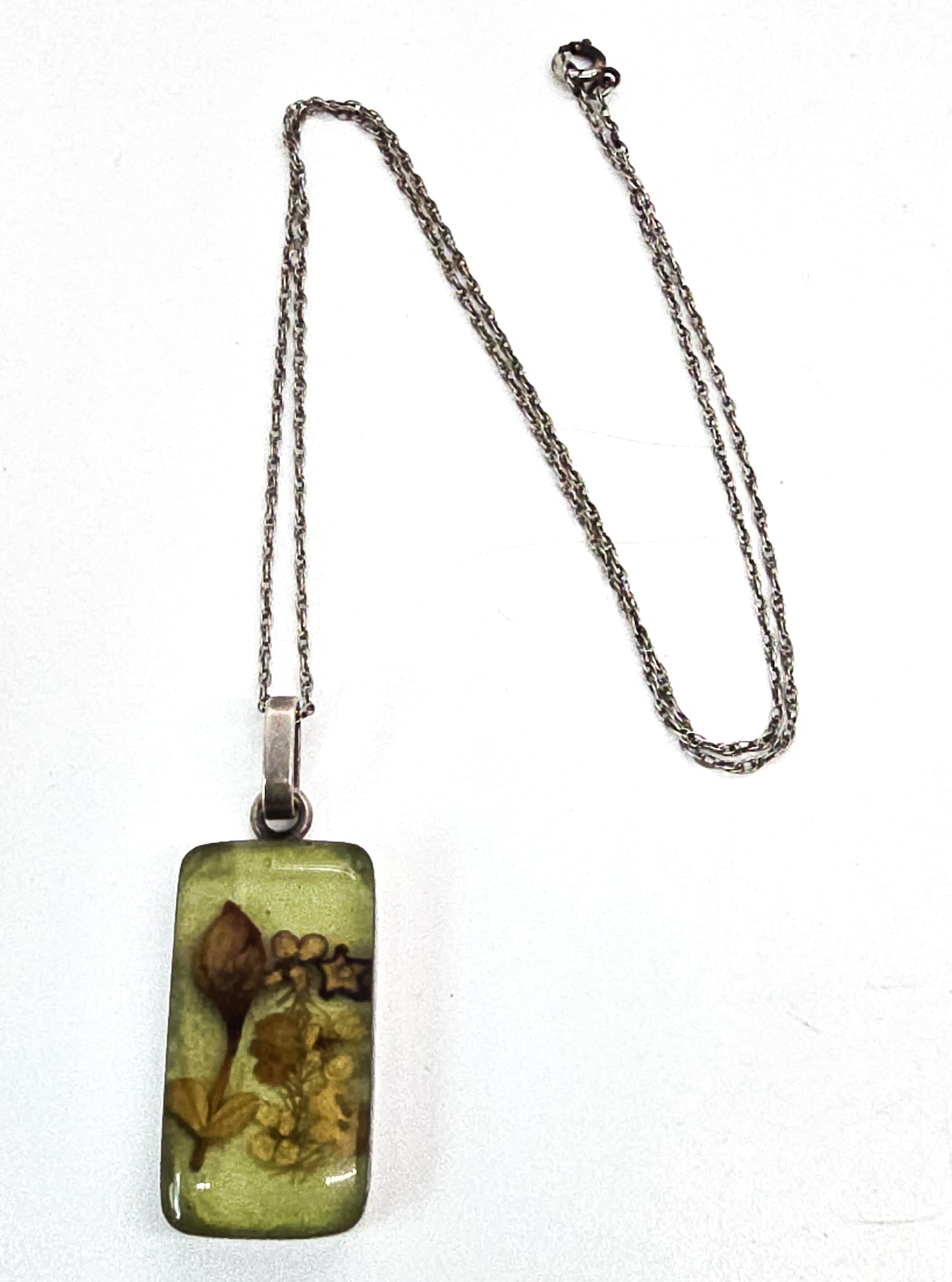 Dried natural flowers retro hippy vintage 1970's sterling silver pendant necklace cottage core