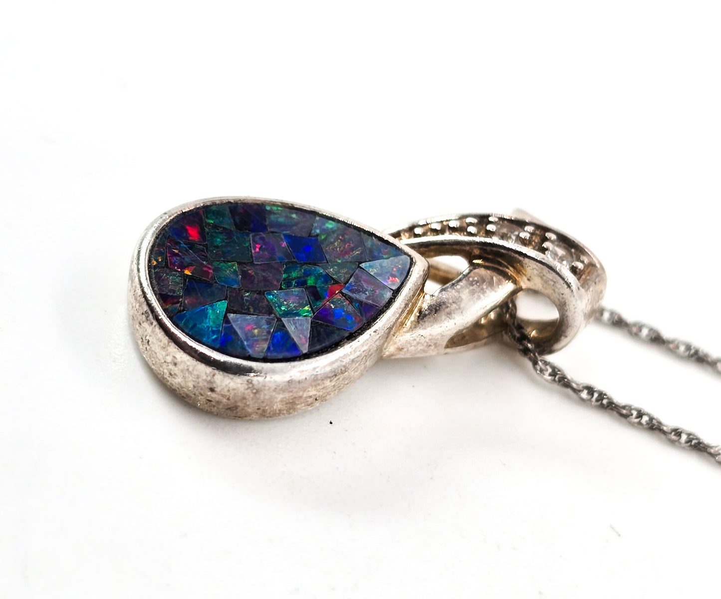 Australian opal abstract mosaic sterling silver cubic Zircon pendant necklace