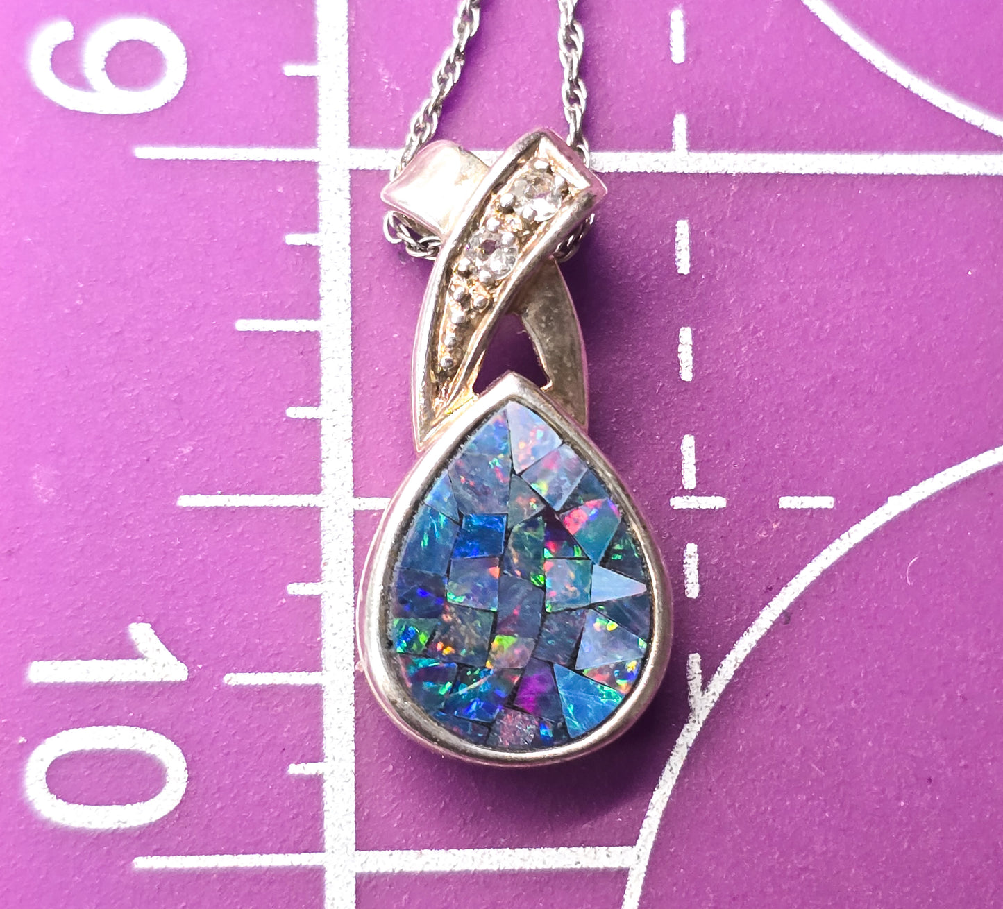 Australian opal abstract mosaic sterling silver cubic Zircon pendant necklace