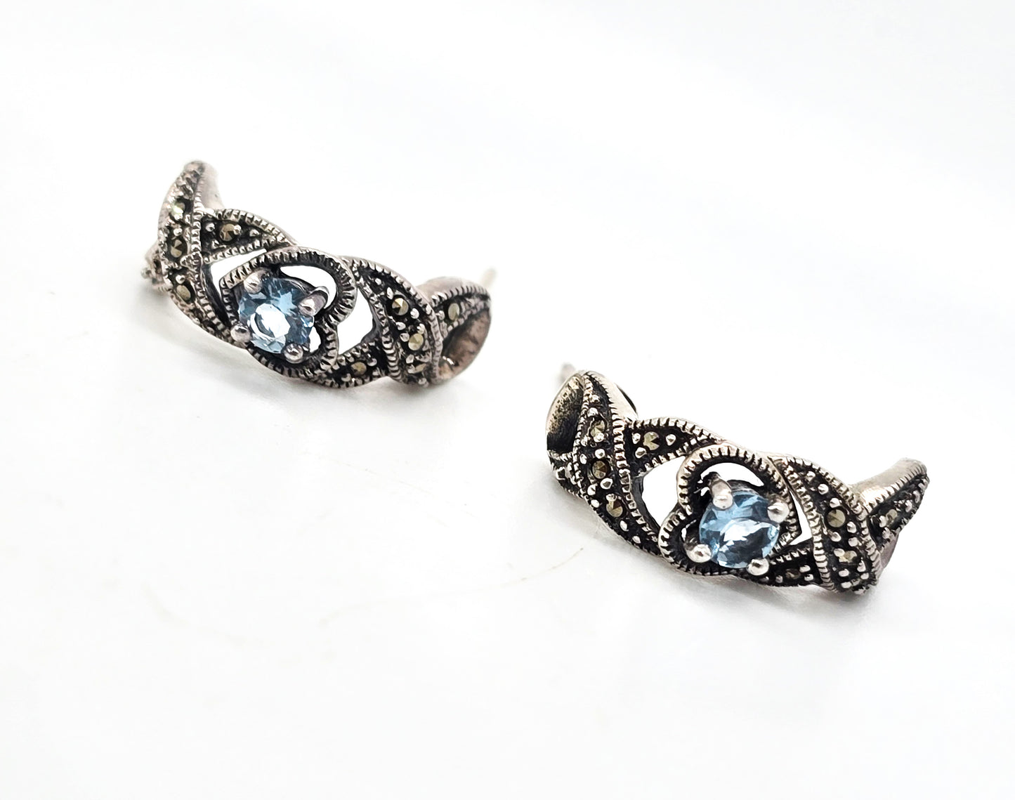 Blue Topaz open work heart vintage marcasite semi hoop sterling silver earrings