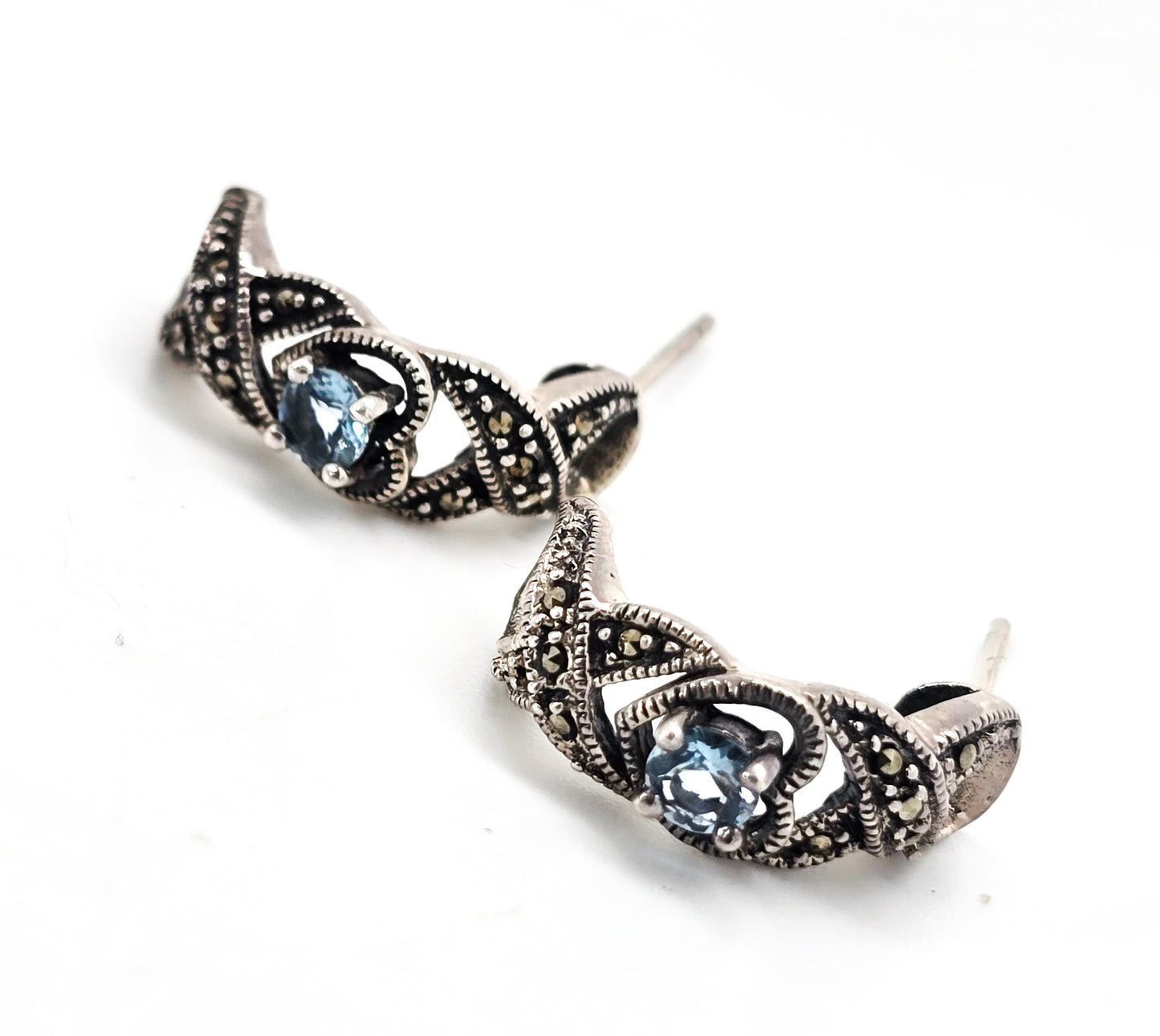 Blue Topaz open work heart vintage marcasite semi hoop sterling silver earrings