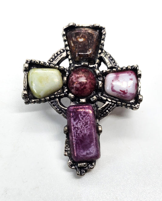 Scottish Celtic cross with multi colored gemstone panel vintage silver toned brooch pin