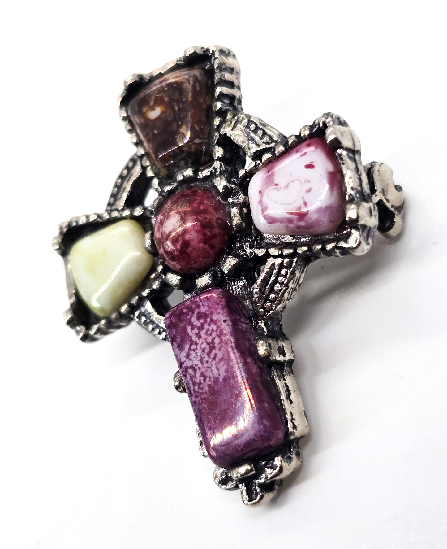 Scottish Celtic cross with multi colored gemstone panel vintage silver toned brooch pin