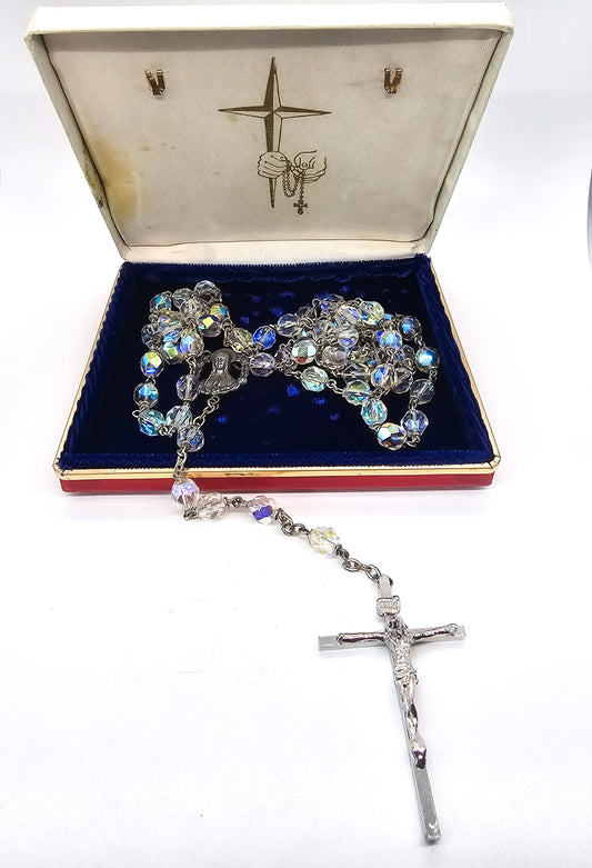 Crystal Rosary Aurora Borealis Austrian crystal glass crucifix vintage mid century in box