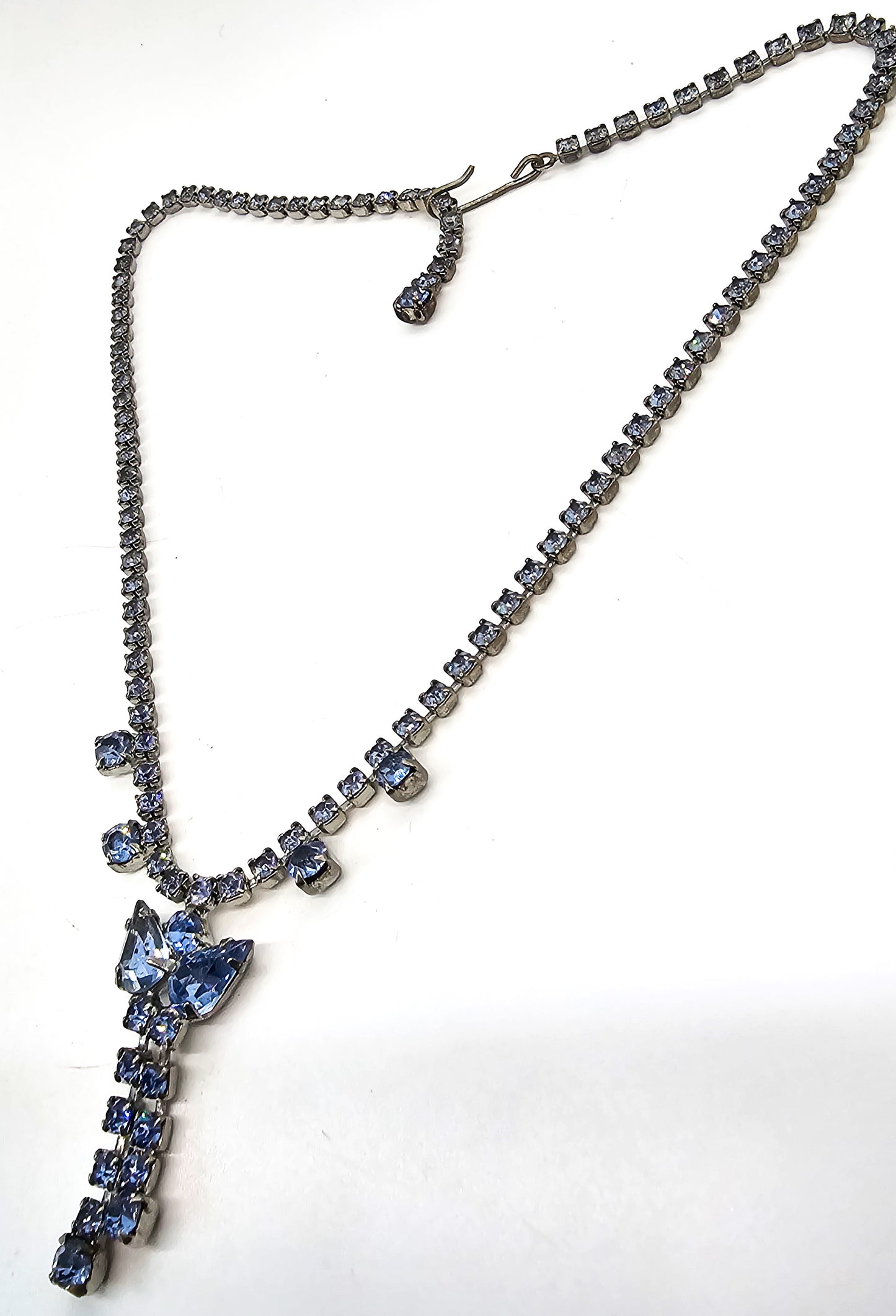 Blue tassel bow vintage rhinestone mid century necklace