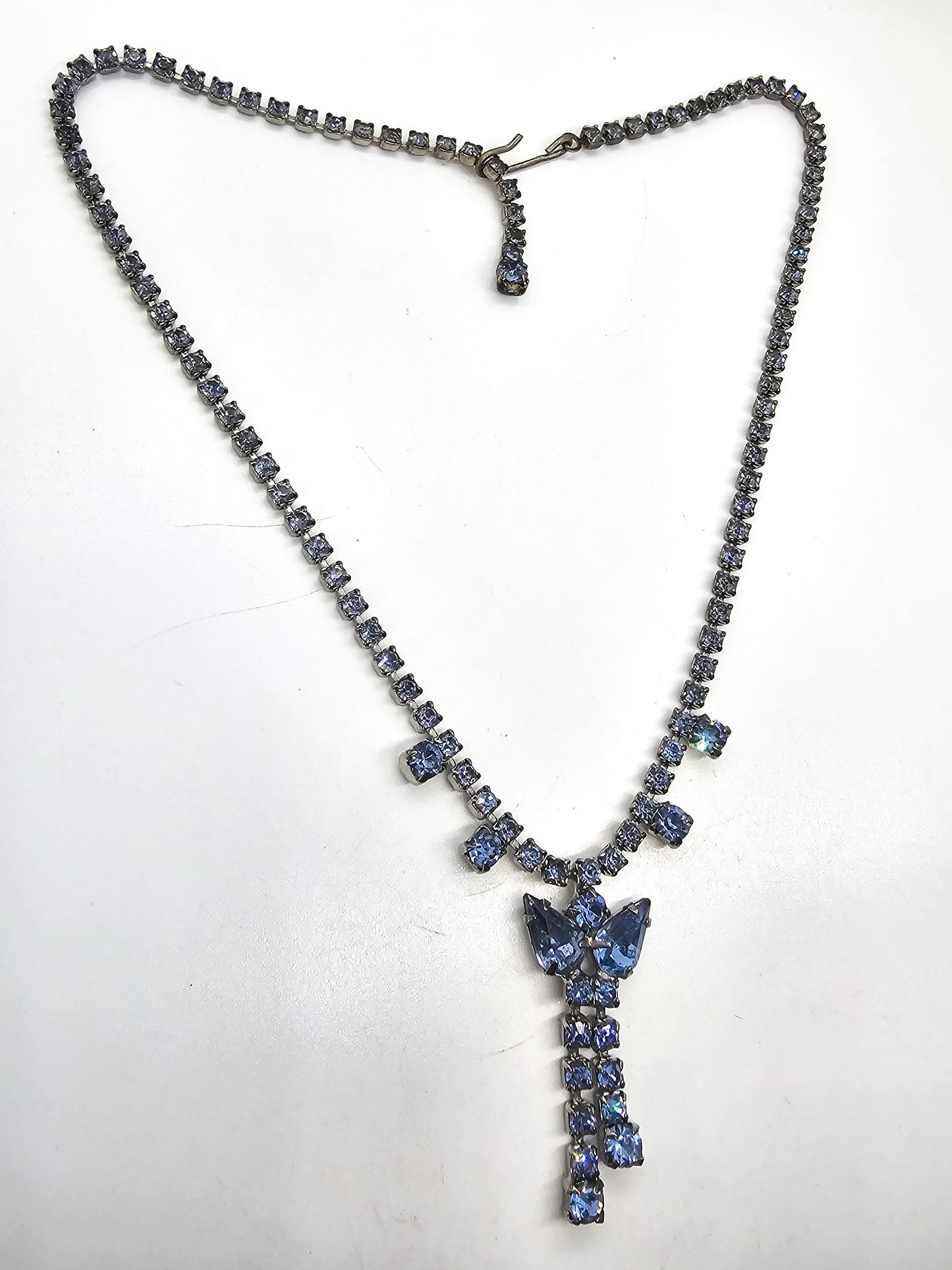 Blue tassel bow vintage rhinestone mid century necklace