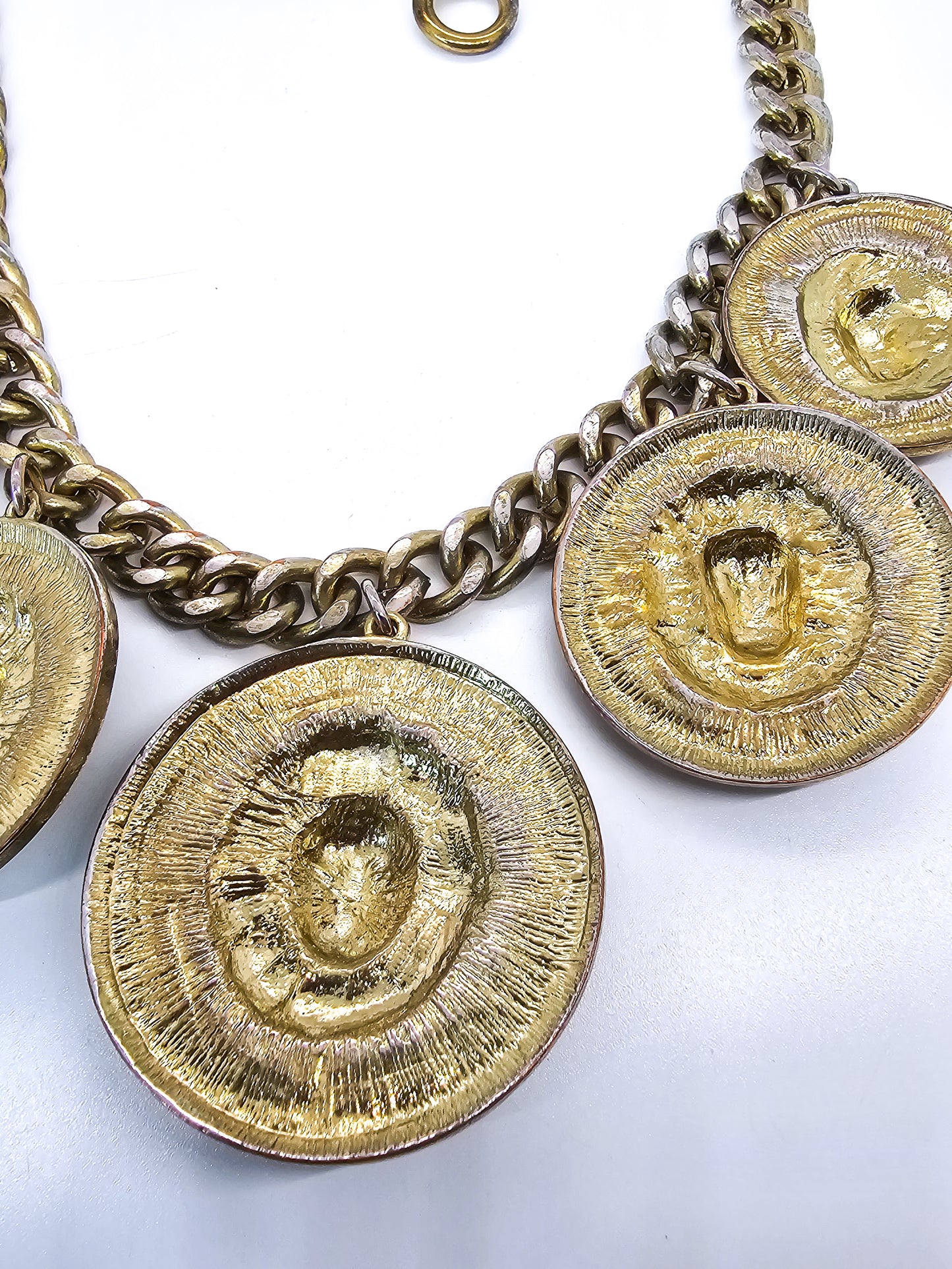 Lion Head medallion teal enamel couture style statement necklace and bracelet demi set