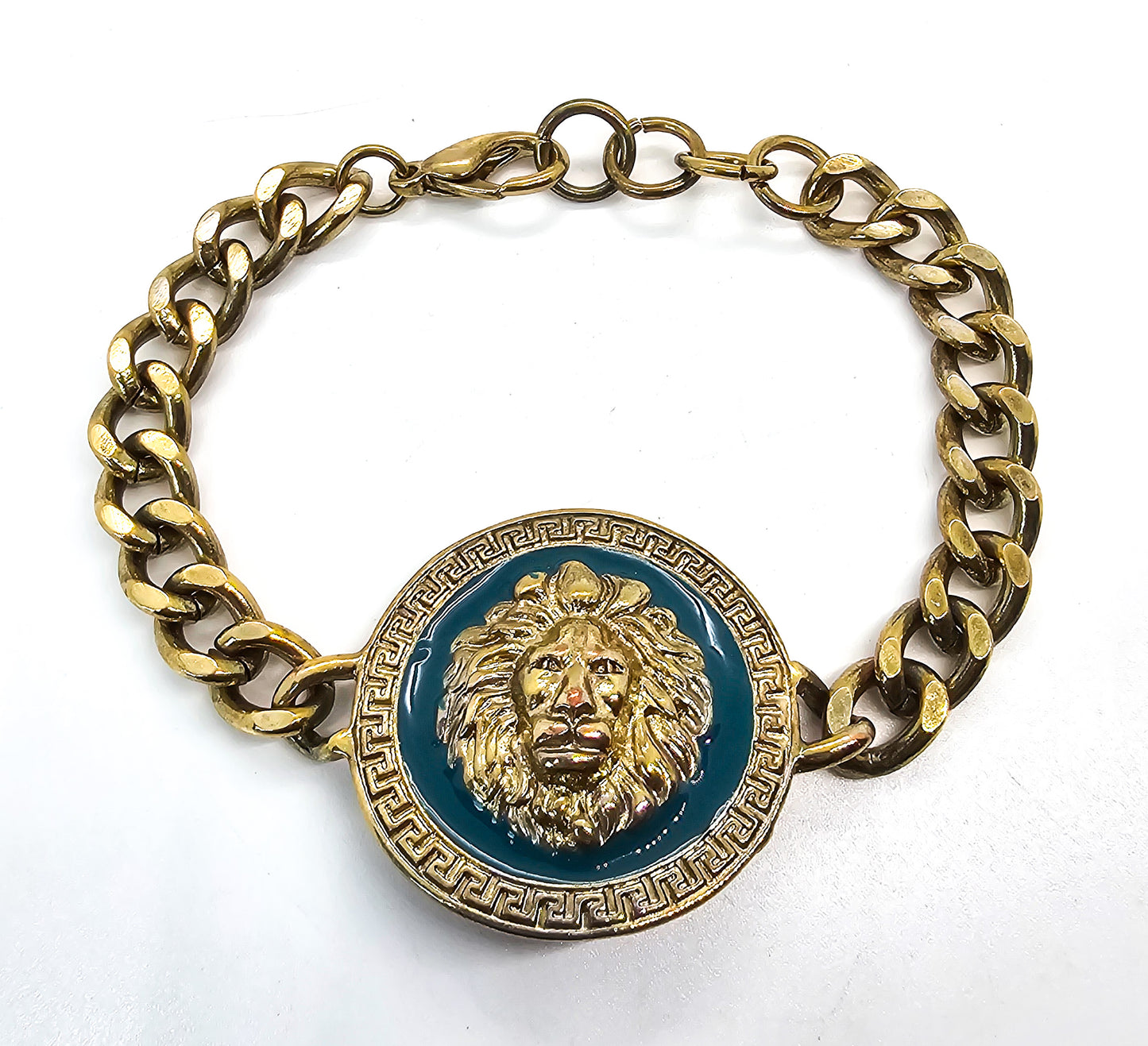 Lion Head medallion teal enamel couture style statement necklace and bracelet demi set
