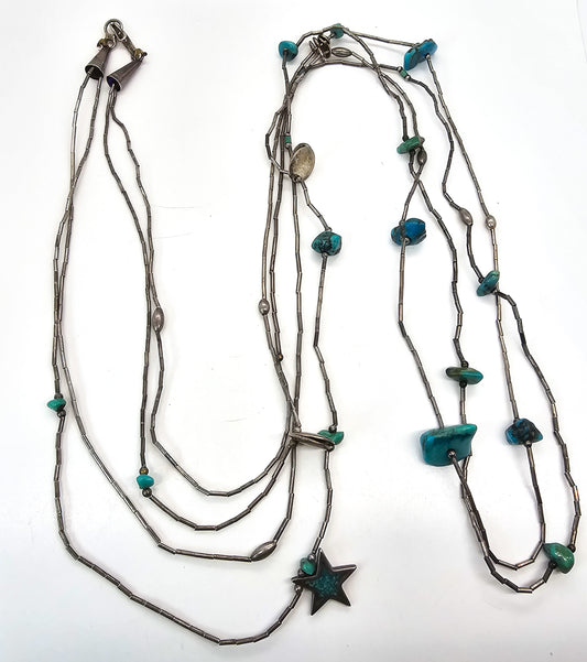 Fetish Heishi turquoise nugget Native American Liquid silver graduated vintage necklace