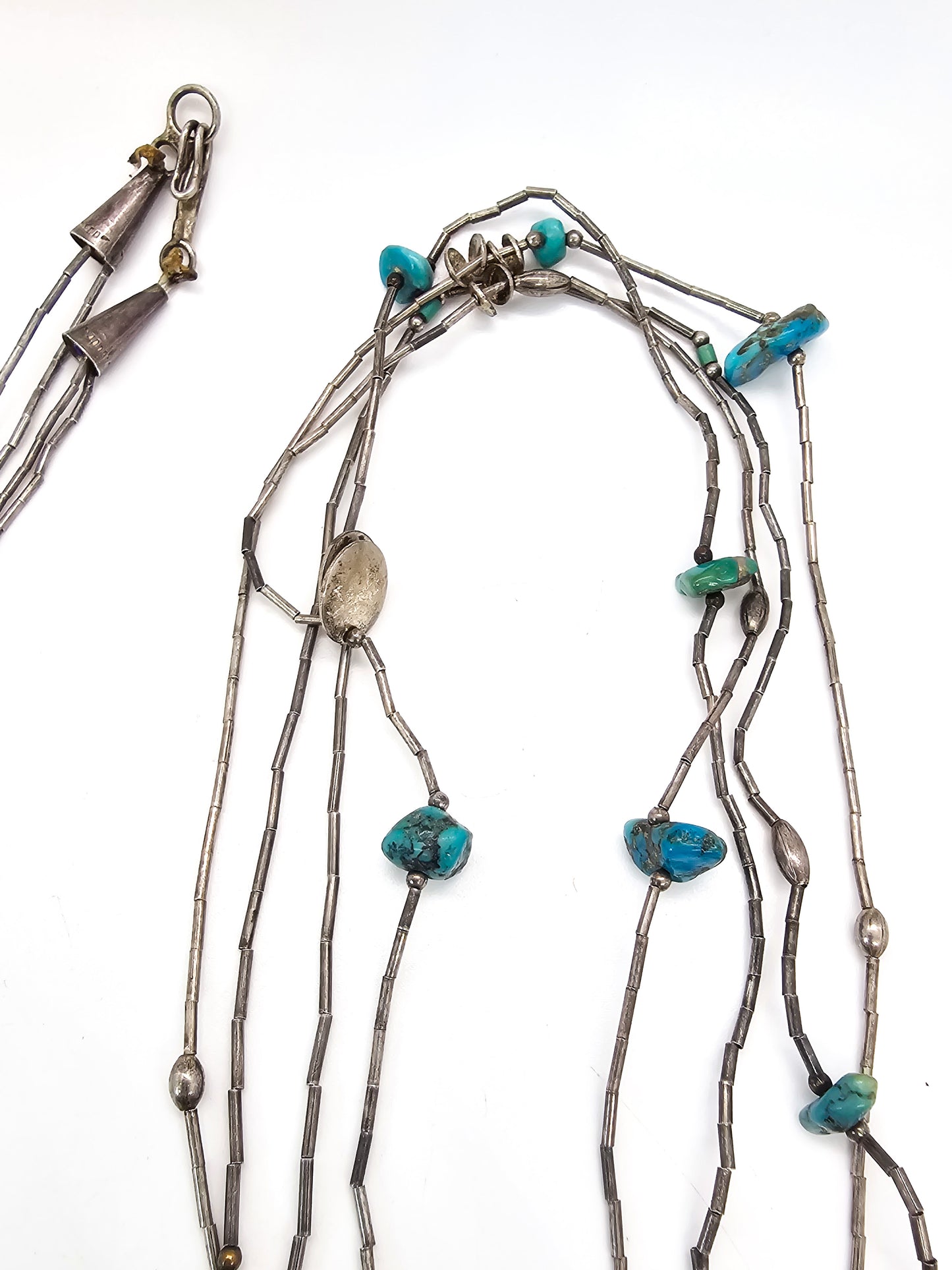 Fetish Heishi turquoise nugget Native American Liquid silver graduated vintage necklace