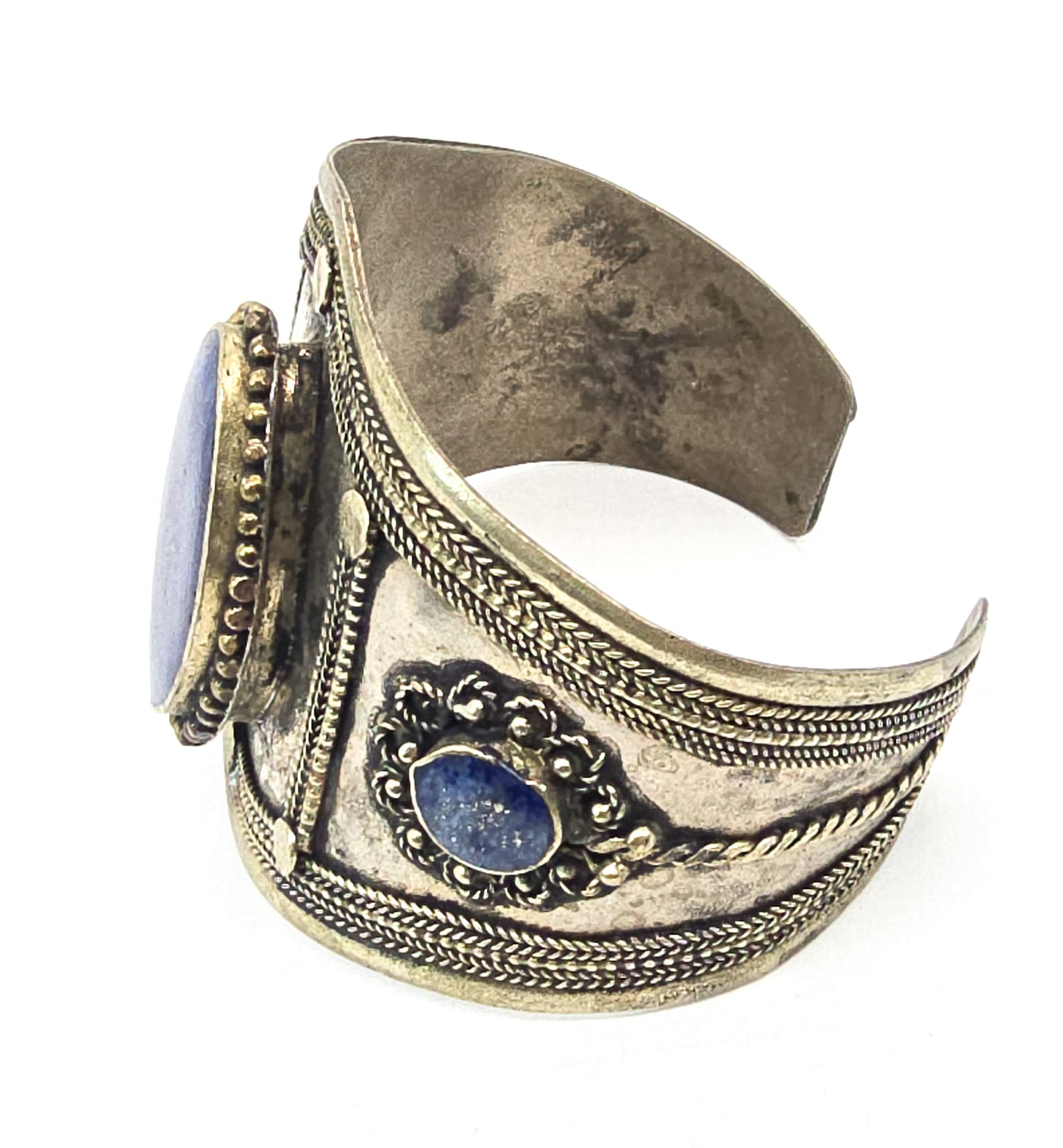 Lapis Lazuli Kuchi Tribal silver toned blue gemstone vintage thick cuff bracelet