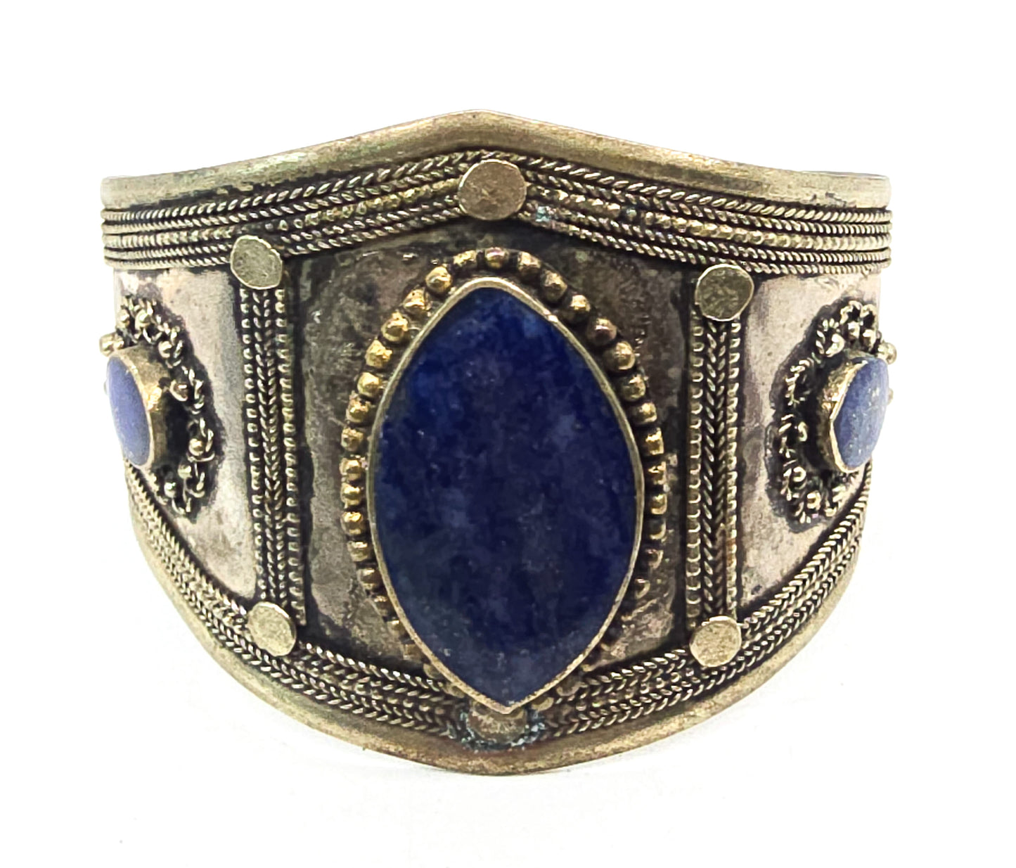 Lapis Lazuli Kuchi Tribal silver toned blue gemstone vintage thick cuff bracelet