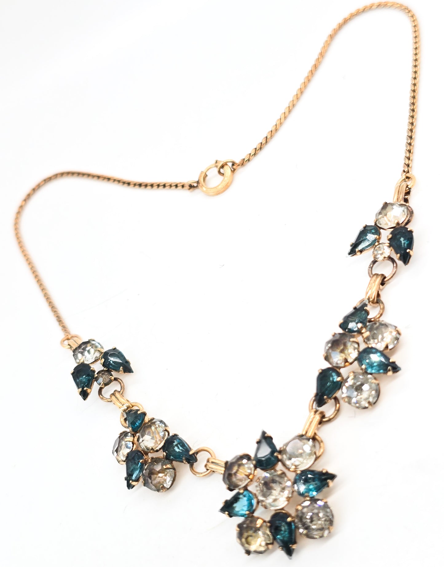 Art Deco Gold Filled aqua blue and white open work rhinestone vintage necklace