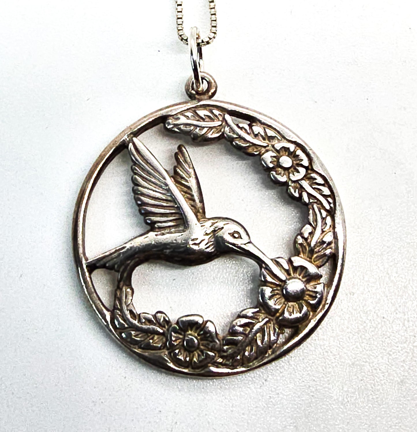 Shube hummingbird with flowers vintage signed sterling silver pendant necklace