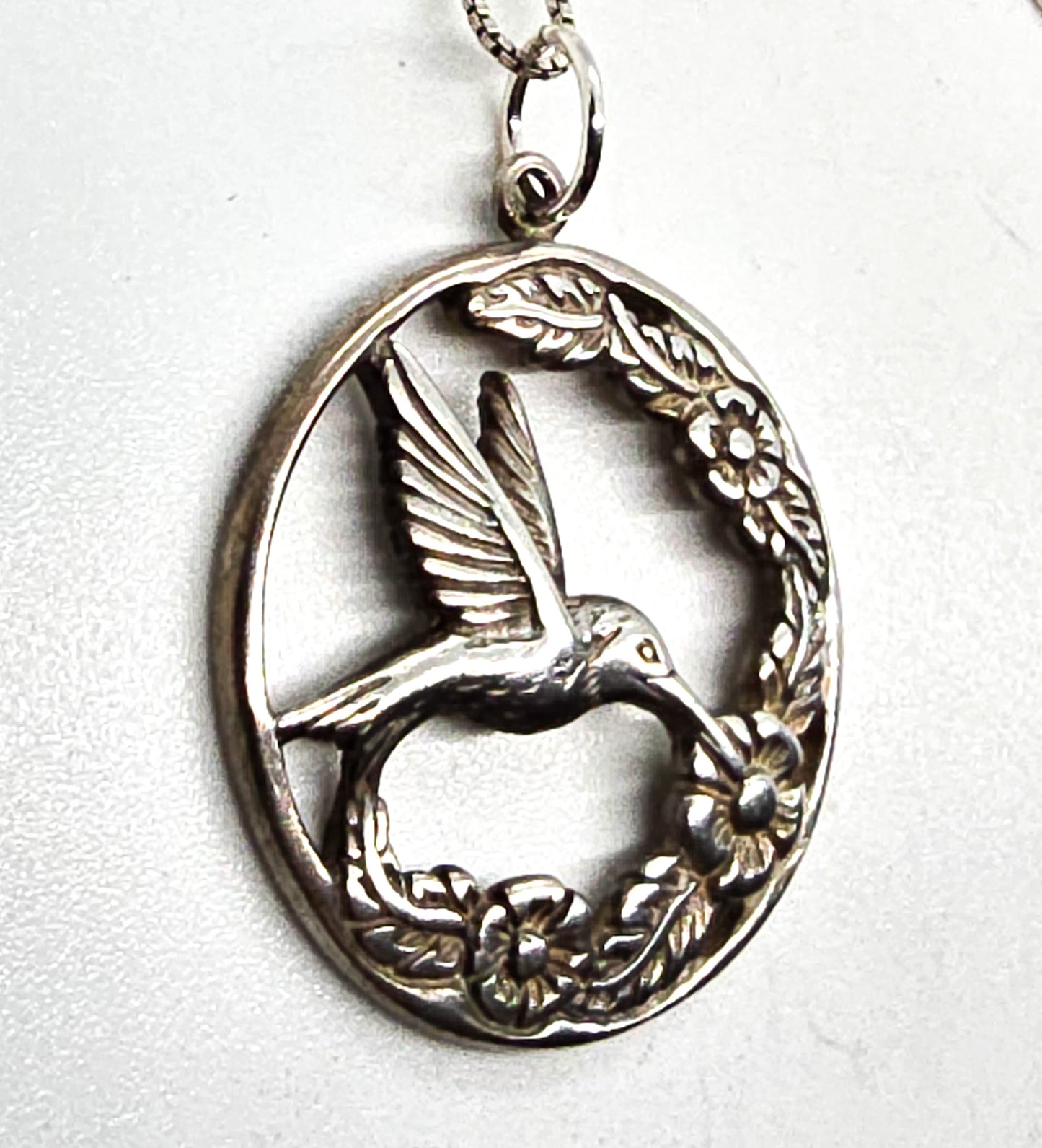 Shube hummingbird with flowers vintage signed sterling silver pendant necklace