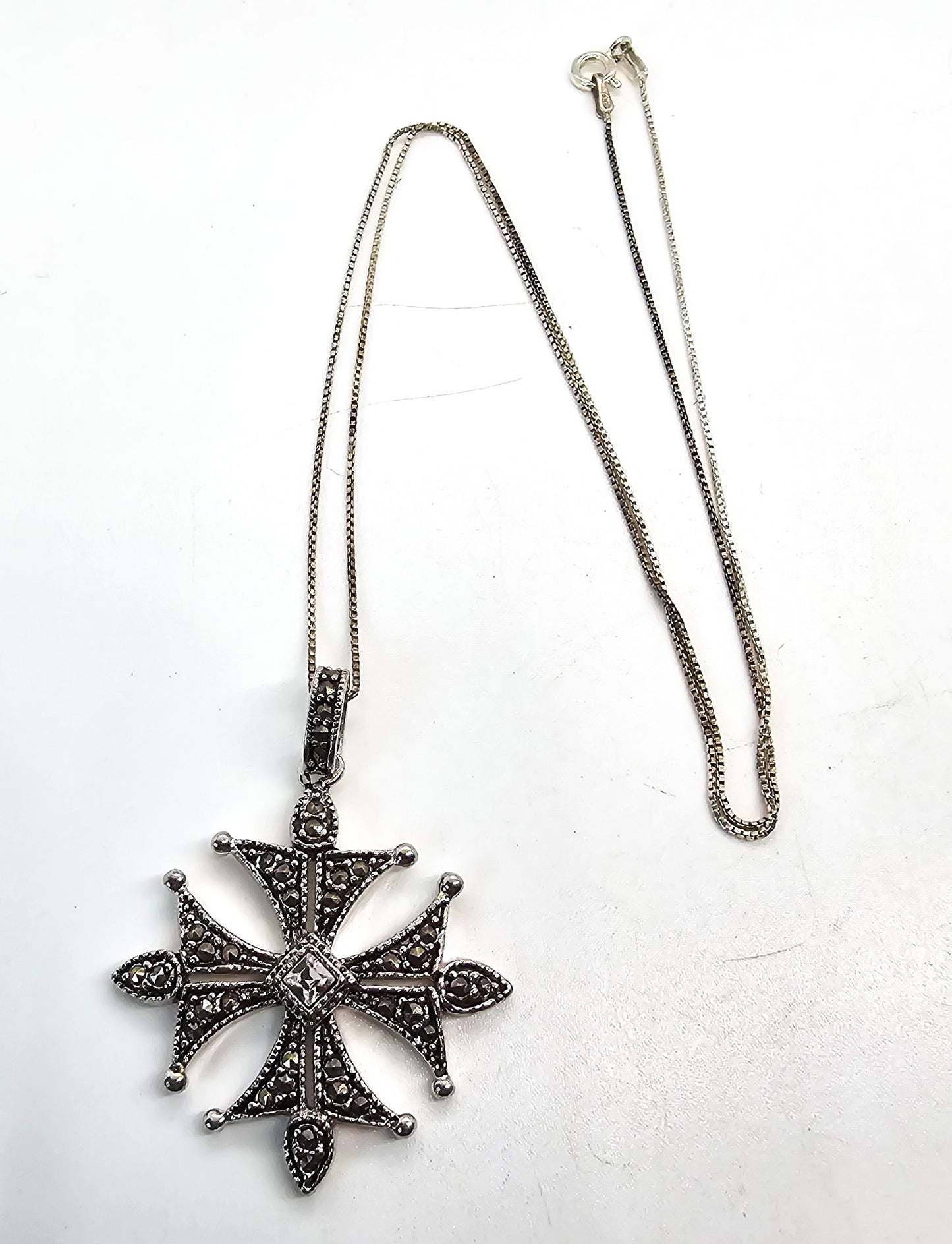 Maltese cross marcasite and rhinestone silver plated necklace