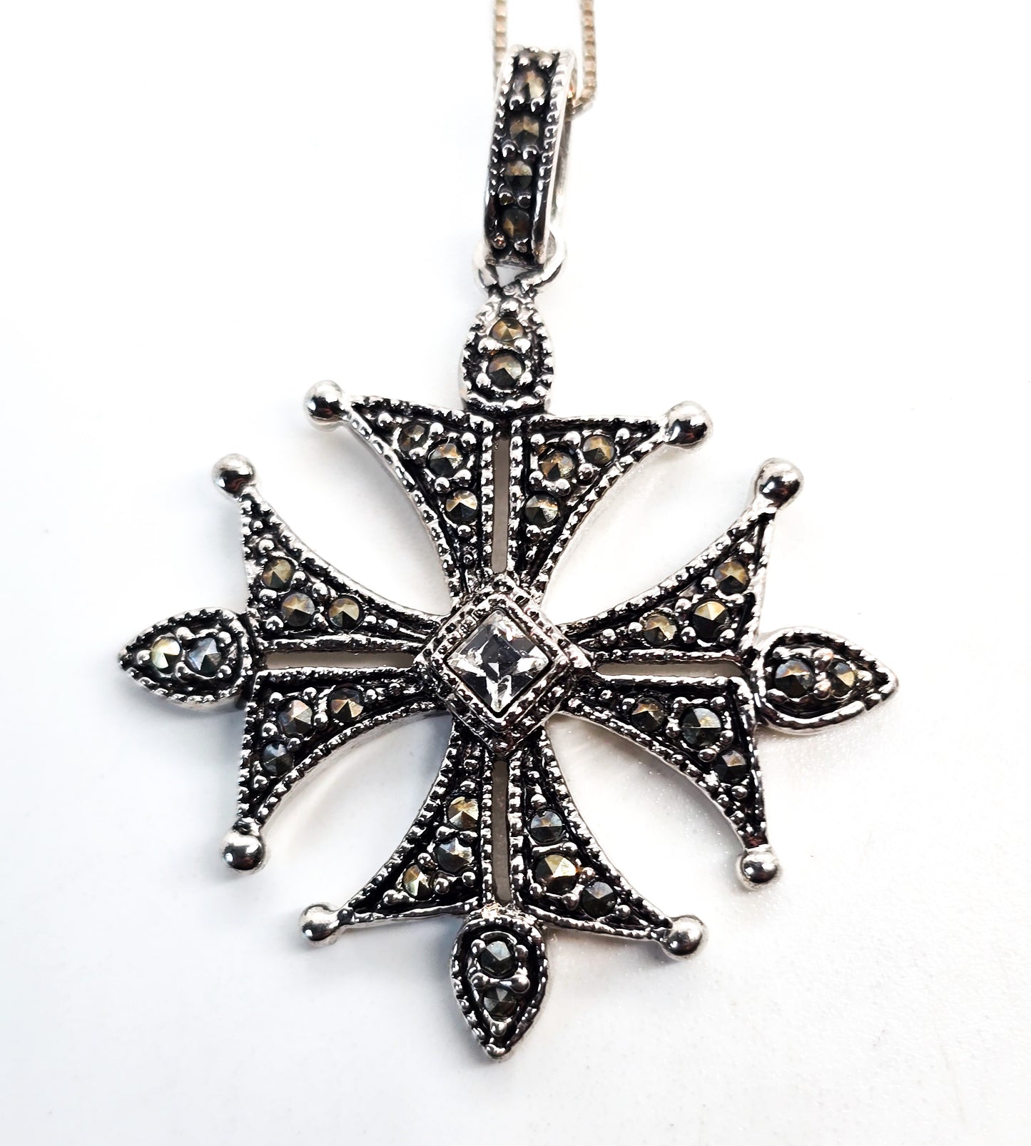 Maltese cross marcasite and rhinestone silver plated necklace