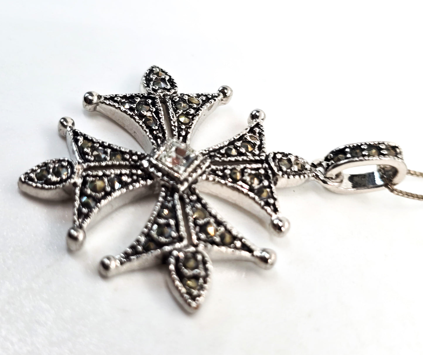 Maltese cross marcasite and rhinestone silver plated necklace