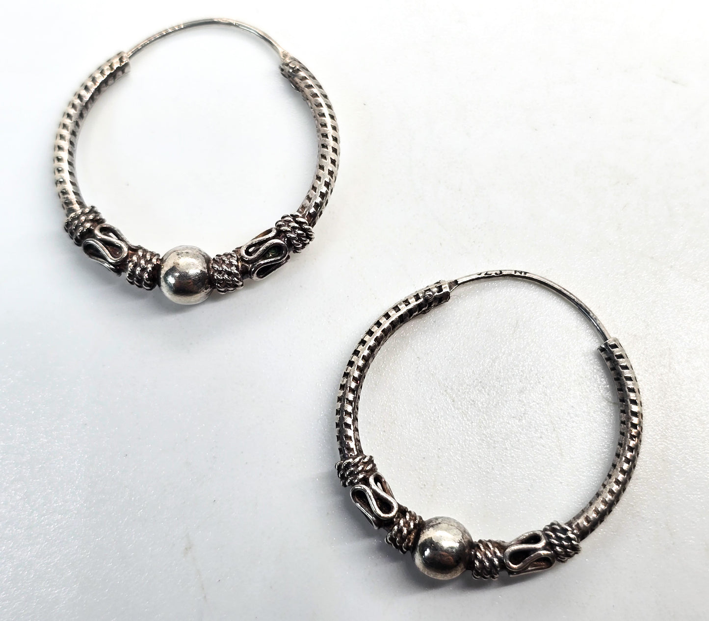 Tribal Bali style thick beaded hoop earrings vintage sterling silver hoops NF