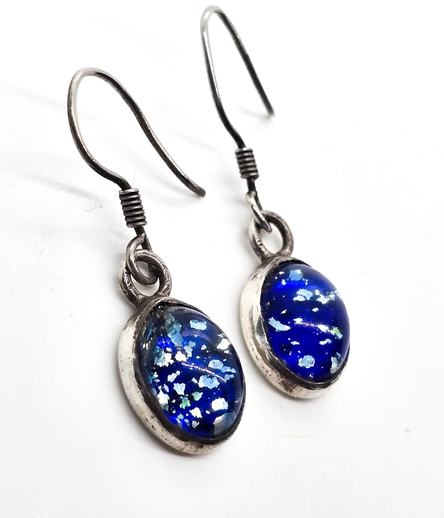 Blue Dichroic Glass vintage drop artisan sterling silver earrings