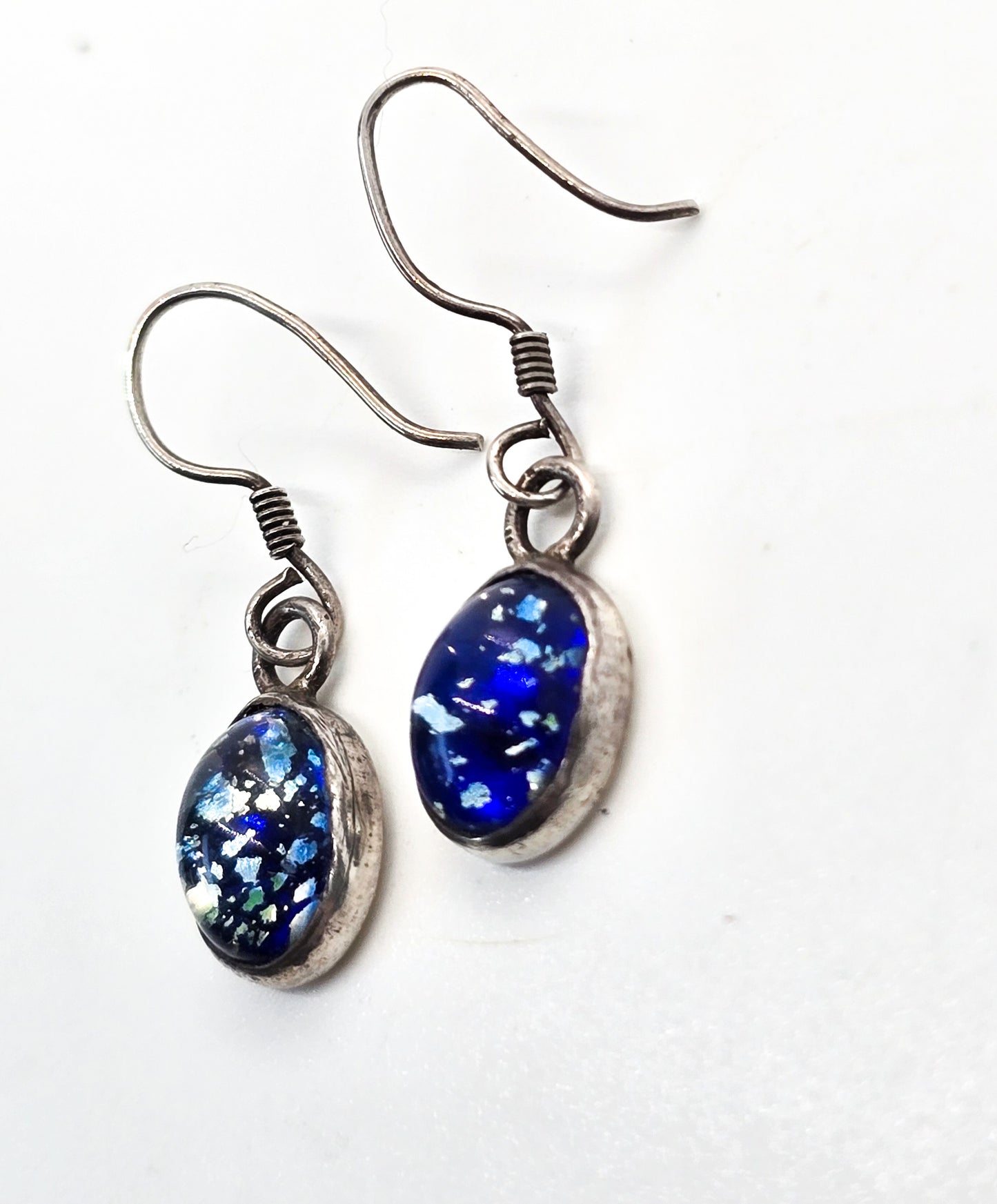 Blue Dichroic Glass vintage drop artisan sterling silver earrings