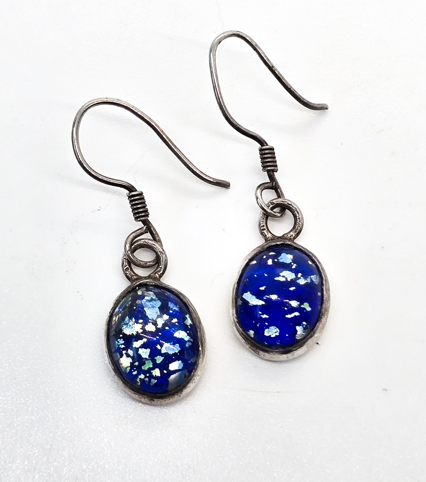 Blue Dichroic Glass vintage drop artisan sterling silver earrings