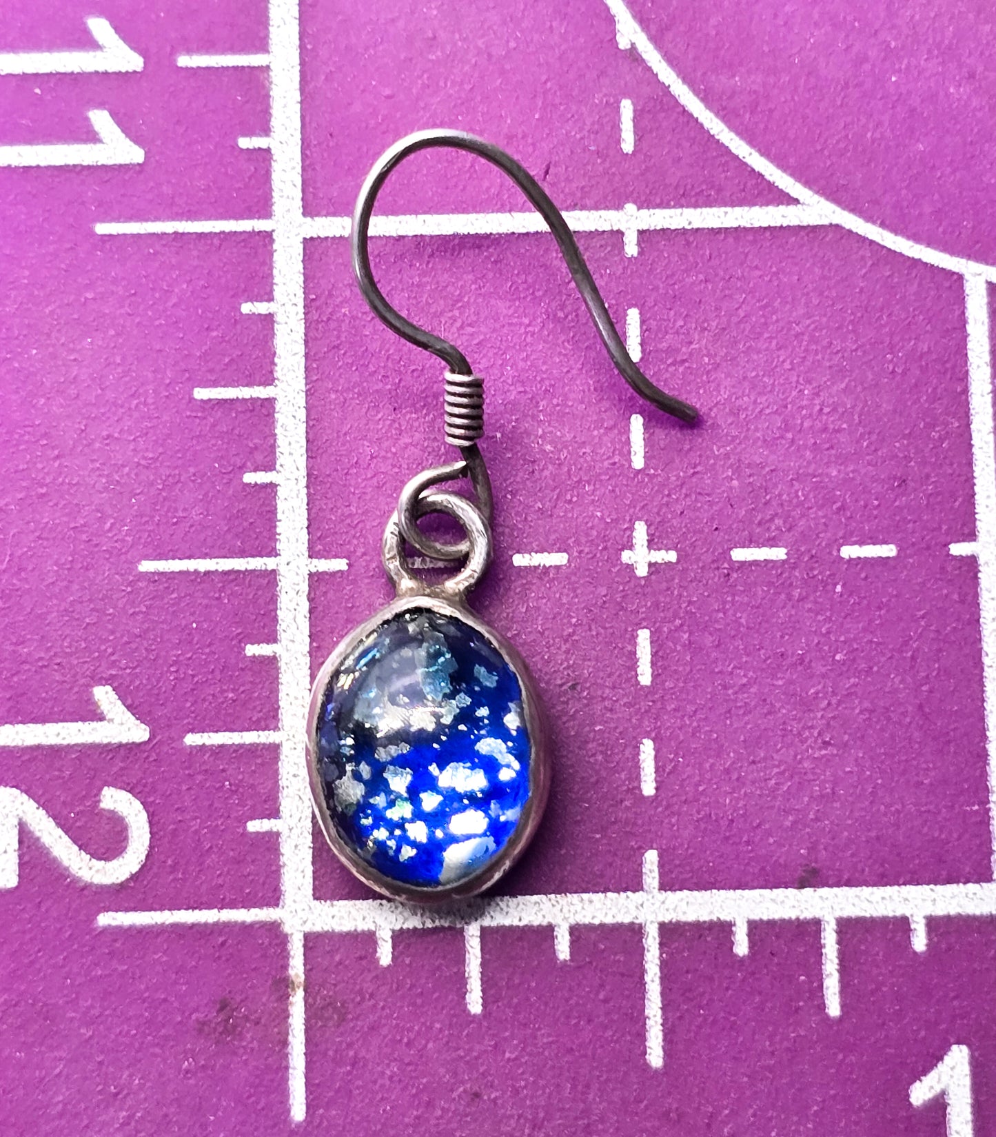 Blue Dichroic Glass vintage drop artisan sterling silver earrings