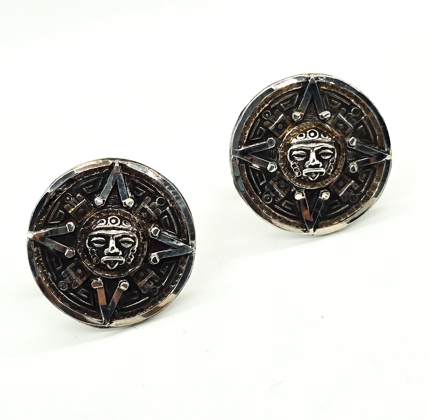 Aztec Mayan Calendar vintage Mexican sterling silver signed cufflinks Eagle stamp