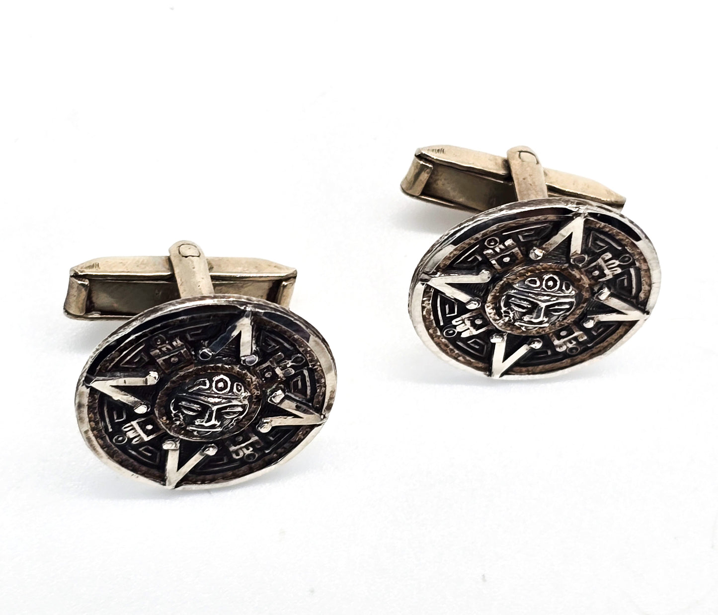 Aztec Mayan Calendar vintage Mexican sterling silver signed cufflinks Eagle stamp