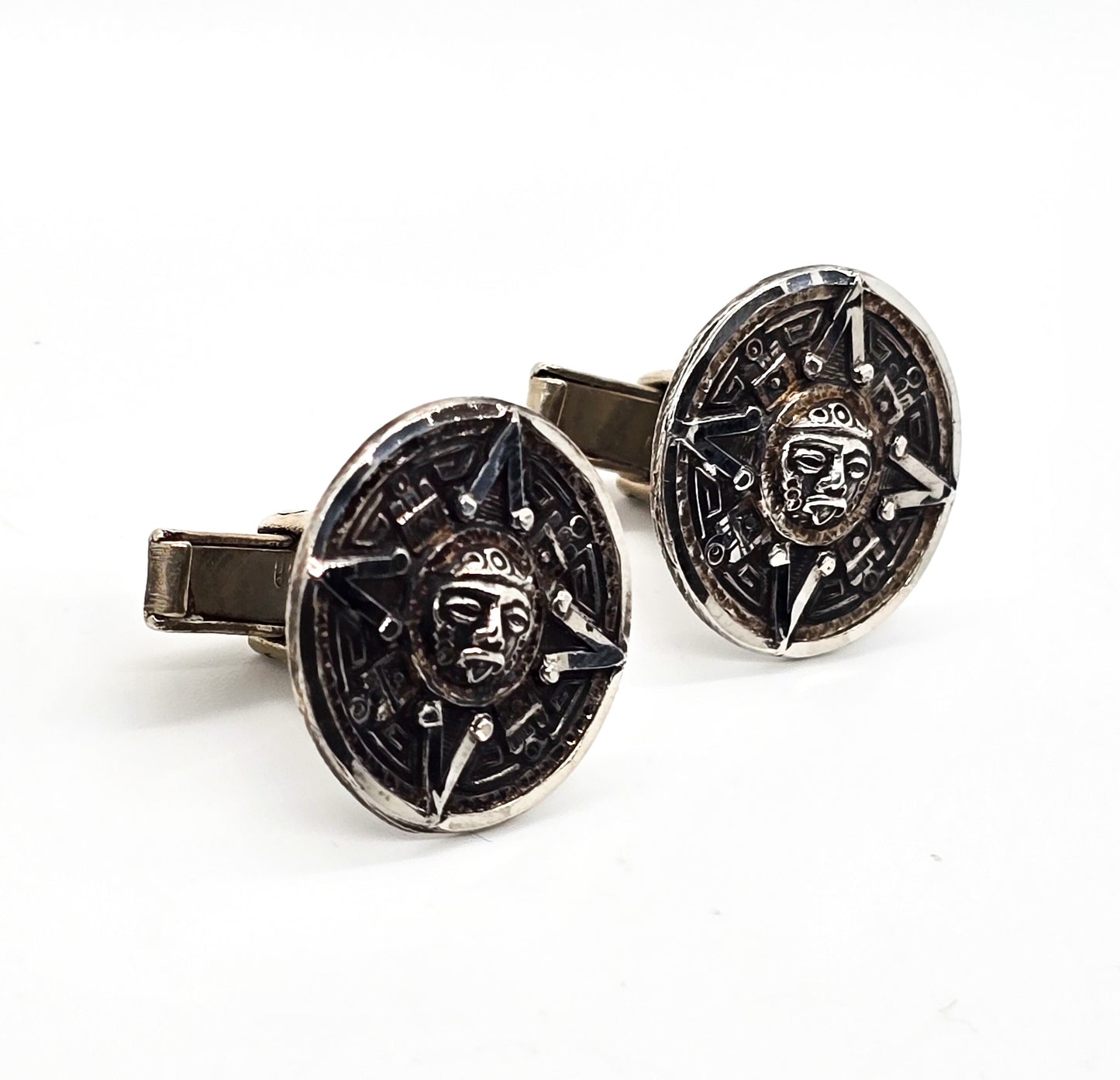 Aztec Mayan Calendar vintage Mexican sterling silver signed cufflinks Eagle stamp