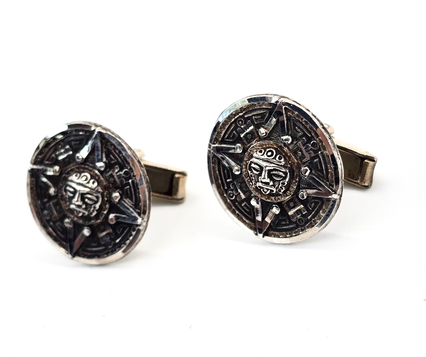 Aztec Mayan Calendar vintage Mexican sterling silver signed cufflinks Eagle stamp