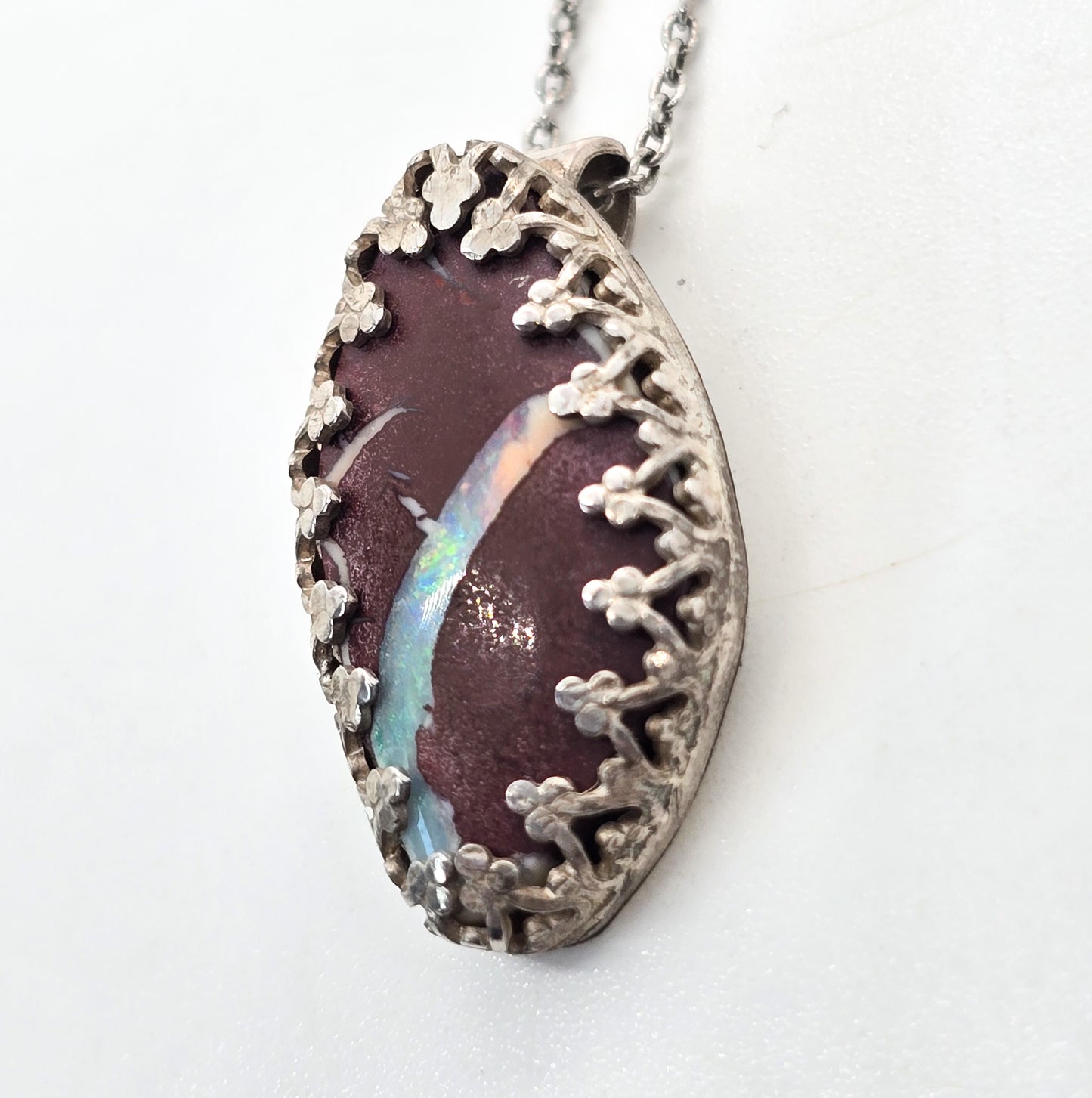 Boulder Opal hand crafted vintage sterling silver gemstone necklace