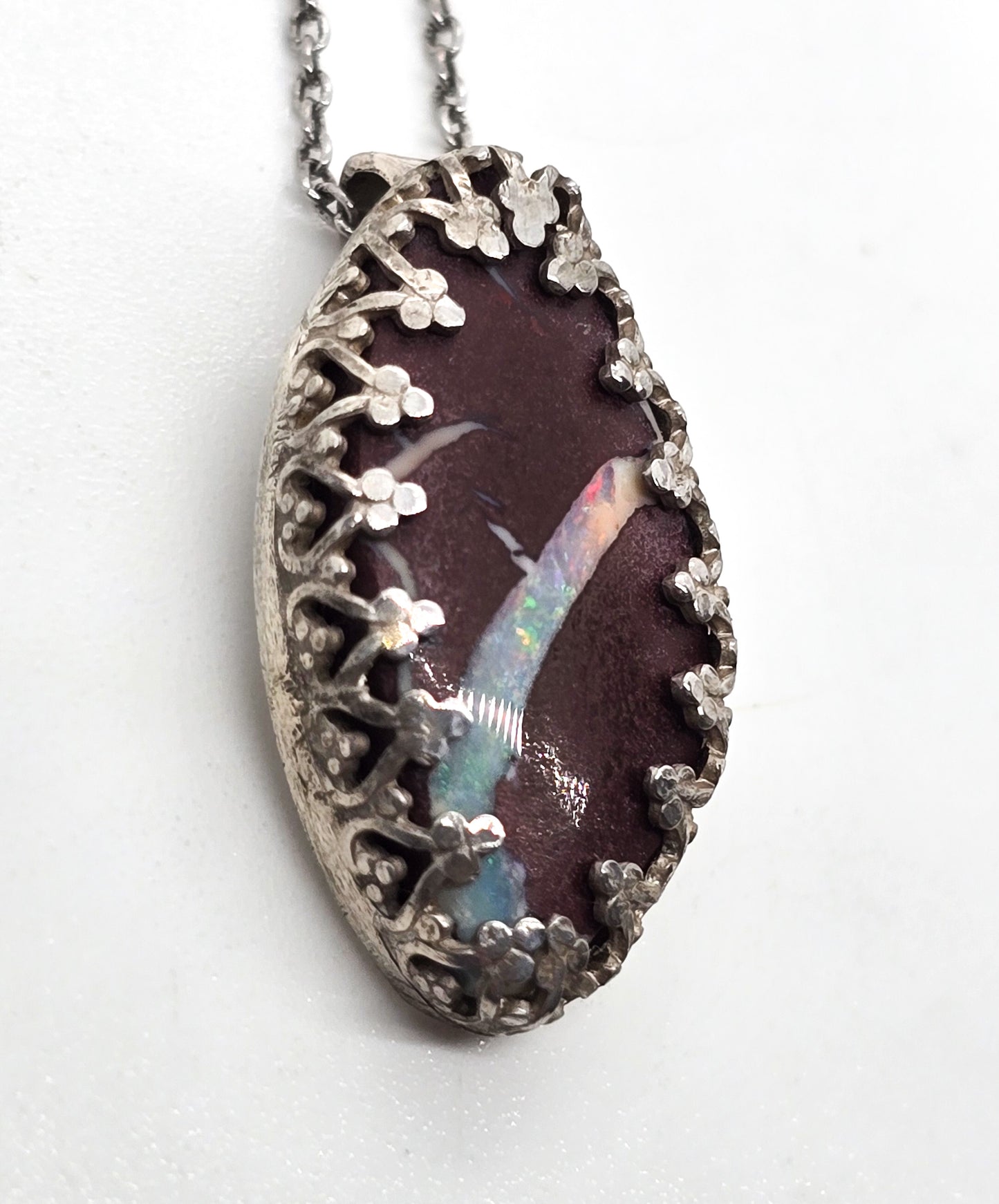 Boulder Opal hand crafted vintage sterling silver gemstone necklace