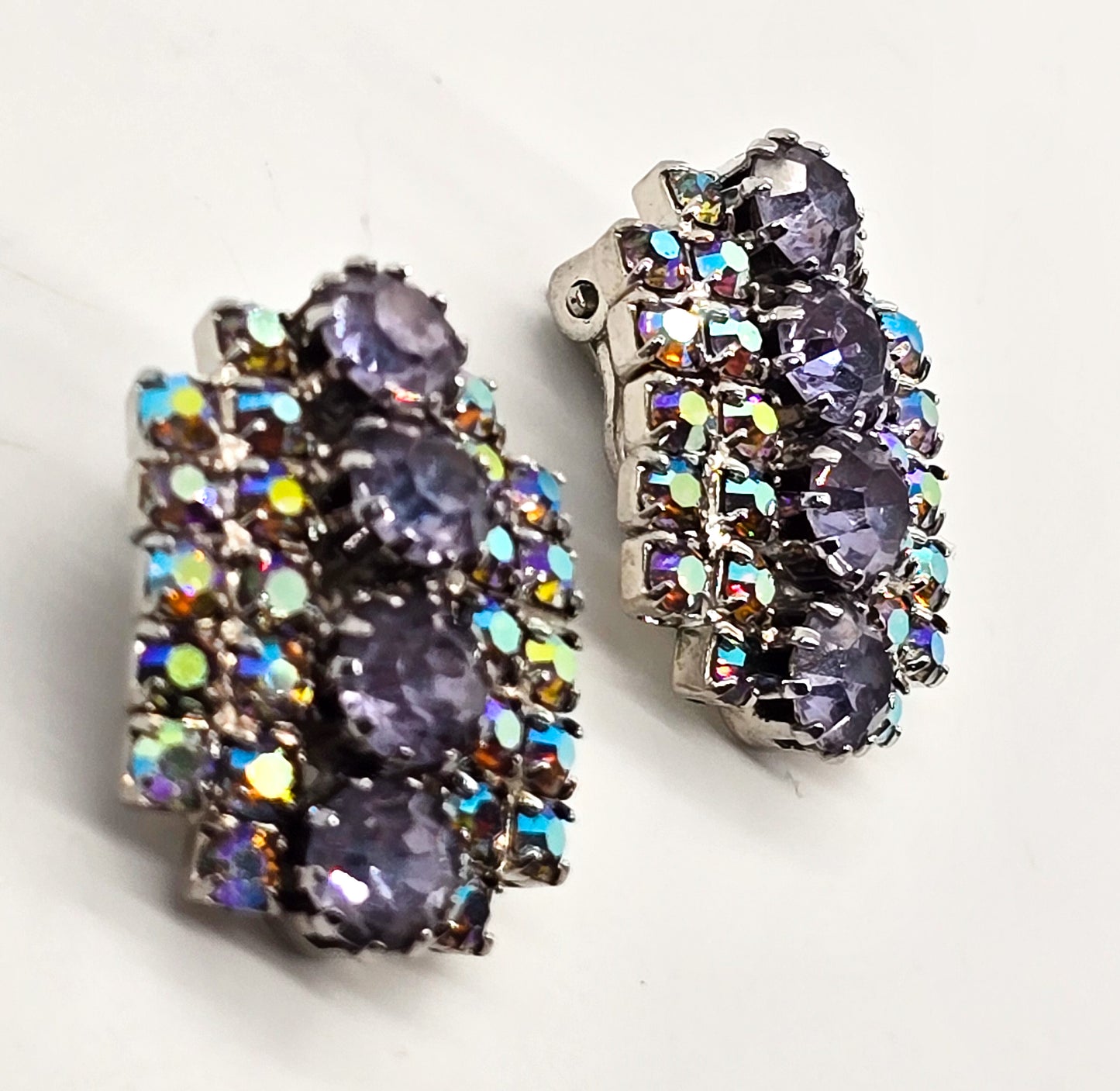 Purple Aurora Borealis rainbow bright mid century rhinestone vintage clip on earrings