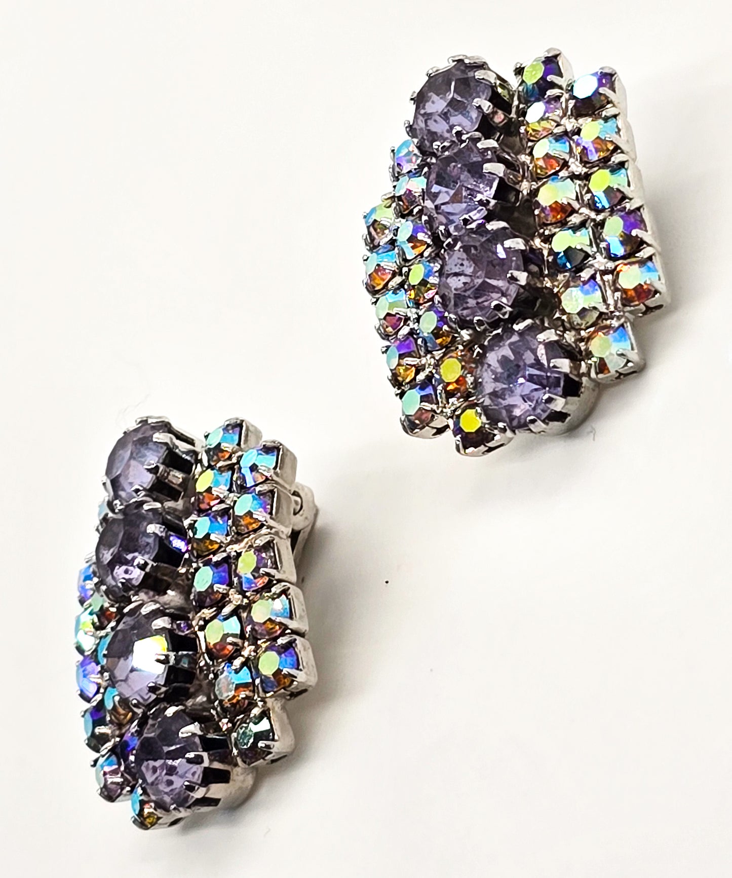 Purple Aurora Borealis rainbow bright mid century rhinestone vintage clip on earrings