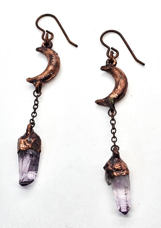 Electroformed Celestial Crescent Moon and terminated amethyst drop earrings