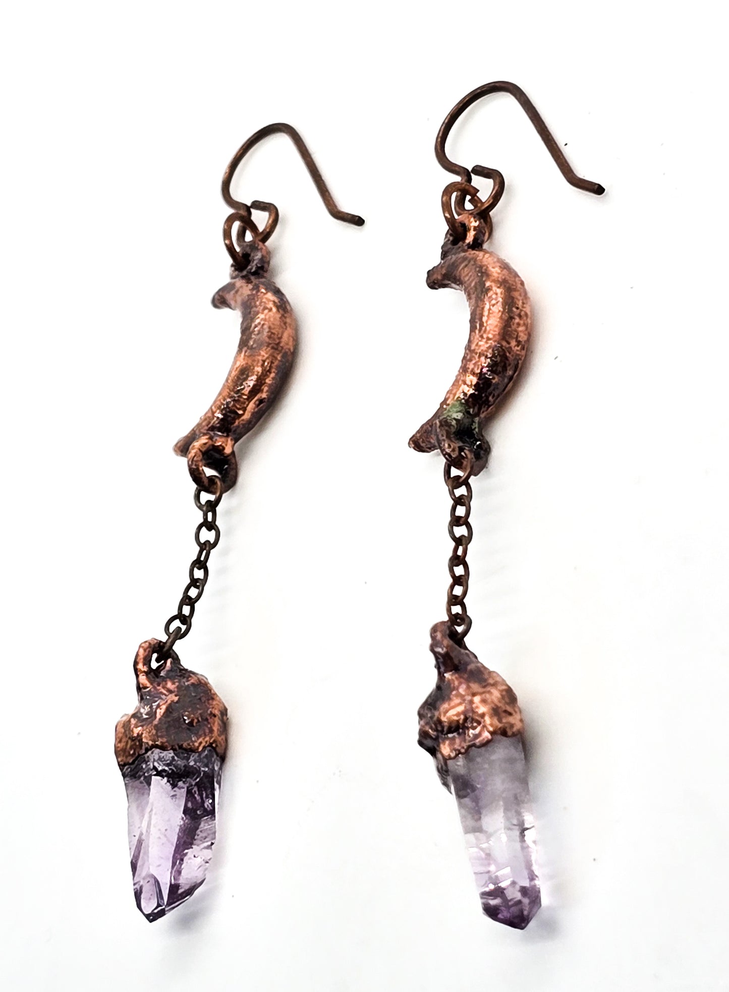 Electroformed Celestial Crescent Moon and terminated amethyst drop earrings