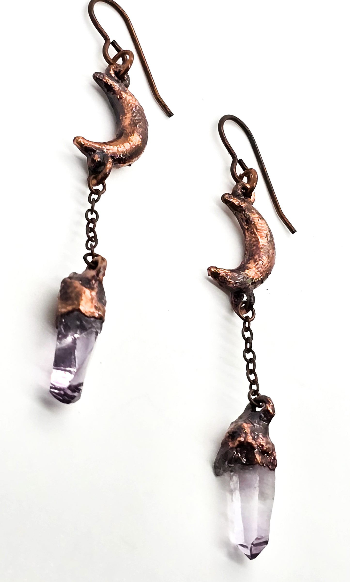 Electroformed Celestial Crescent Moon and terminated amethyst drop earrings